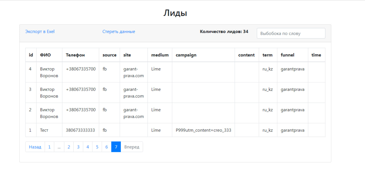 Фото Мини статистика для таргета  не выходя из сайта ( админка для лендинга) сохранение данных в базу данных, отправка форм в тг, экспорт данных в EXEL
