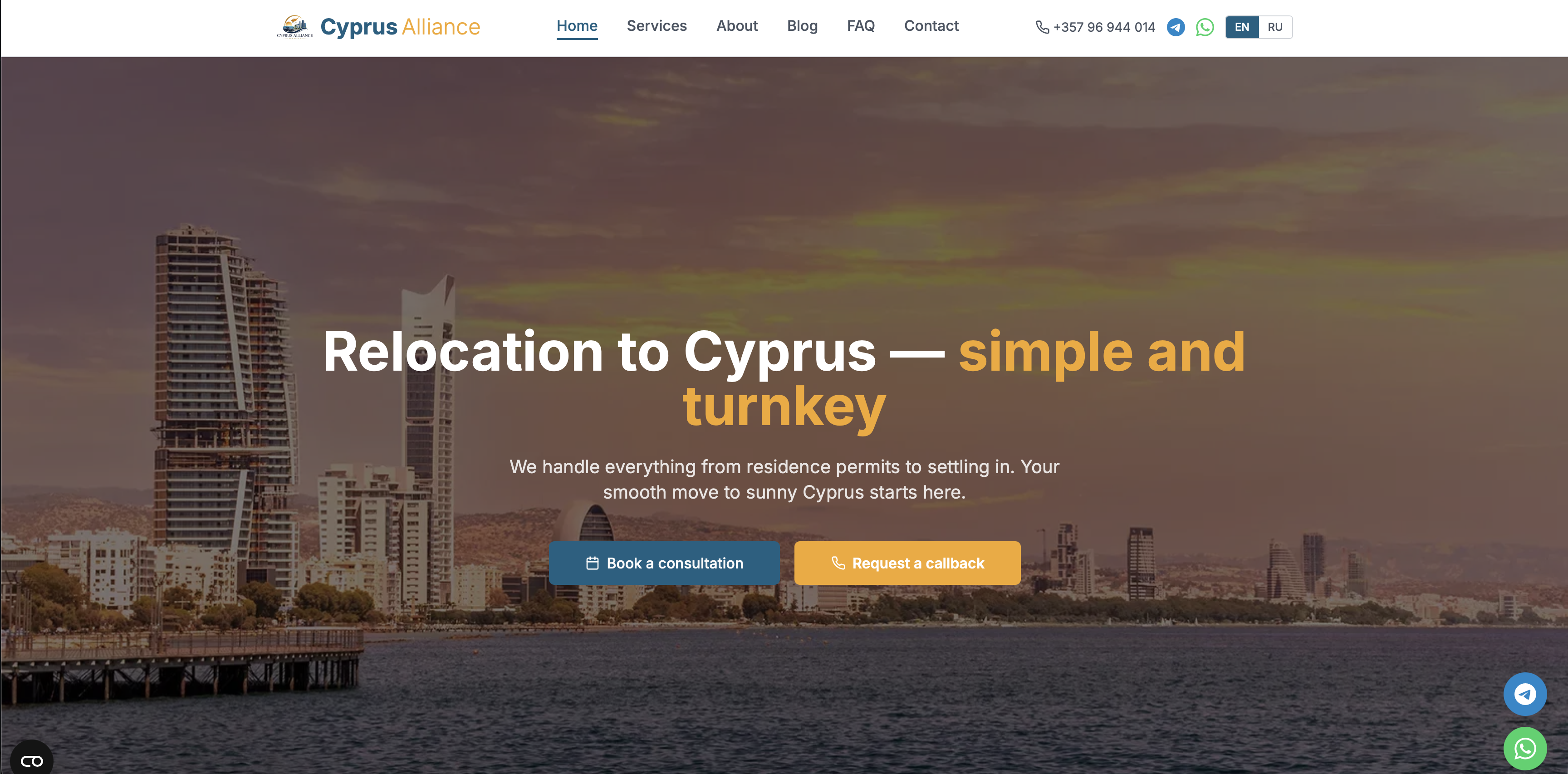 Фото Cyprus Alliance — лендінг релокейт-сервісу на Кіпр з CRM

Сайт-візитка для агенції Cyprus Alliance, що надає послуги релокації на Кіпр під ключ (residence permits, пошук житла, адаптація). Реалізовано як багатосторінковий лендінг з CMS/CRM Directus для управління контентом, заявками та лідами.

Функціонал:

Hero-секція з CTA на консультацію та callback
Каталог послуг з окремими картками (Residence Permit, Relocation Consultation, Housing Search, Cyprus Adaptation)
Покрокова схема "Як ми працюємо" (від заявки до адаптації)
Блок переваг та відгуки клієнтів
Сторінки About, Blog, FAQ, Contact
Форма онлайн-звʼязку з оператором з передачею заявок у CRM
Мультимовність (EN/RU)
Інтеграції: Telegram, WhatsApp, телефон, email
Cookie-banner, Privacy/Cookie Policy
Стек: Vue.js, Python/FastAPI, Directus, Docker, Nginx

Виконано під ключ: UI/UX дизайн, розробка, домен + DNS, налаштування VPS, SSL, деплой, тестування, SEO.
