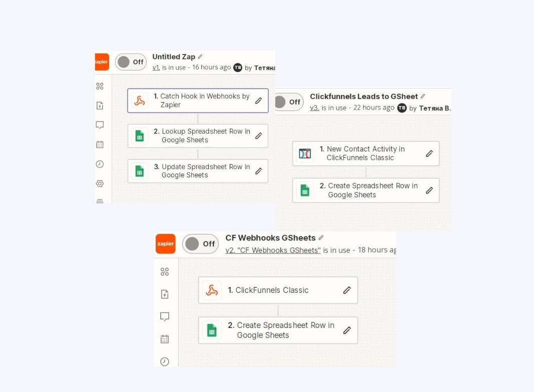 Фото 🔗 Інтеграція ClickFunnels → Google Таблиці через Zapier
📥 Що було потрібно:
Клієнт використовував ClickFunnels для збору заявок через форми. Але вся інформація залишалась всередині системи, і її треба було вручну копіювати в Google Таблиці.
Це займало час і гальмувало реакцію на запити.

⚙️ Як вирішили:
Я налаштувала інтеграцію через Zapier + Webhooks, яка автоматично передає всі контактні дані в Google Sheets за секунди після заповнення форми:

🧲 Дані з форми ловляться через Webhook
🔍 Шукається потрібний рядок або створюється новий
✏️ У таблиці автоматично оновлюються або додаються контактні дані

🚀 Що отримав клієнт:
Всі заявки одразу з’являються в Google Таблиці
Команда може швидко відповідати на запити
Жодних ручних дій = жодних втрат потенційних клієнтів