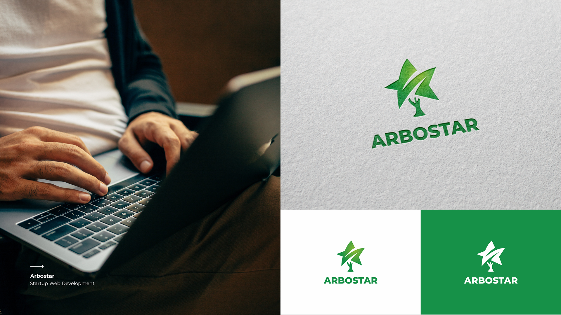 Фото Розробка логотипа для Arbostar — компанії у сфері веброзробки та цифрових технологій. В основі концепції — геометричний символ, що поєднує стилізоване дерево та зірку, символізуючи розвиток, інновації та прагнення до успіху. Динамічна композиція, сучасна типографіка та зелена кольорова палітра формують технологічний і впізнаваний образ бренду. Логотип представлений у кількох кольорових варіаціях для використання на вебсайті, у цифрових продуктах, соціальних мережах і фірмових матеріалах.