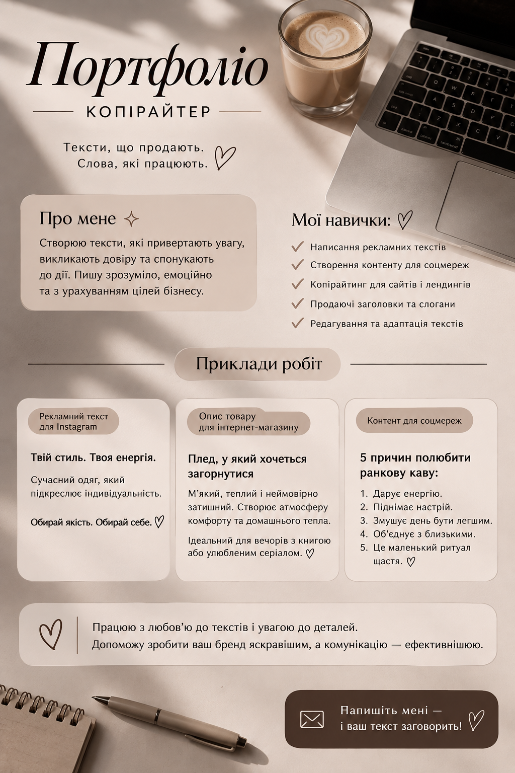 Фото Я створюю тексти, які допомагають привернути увагу, зацікавити аудиторію та підкреслити переваги бренду.
Пишу просто, зрозуміло й без зайвої «води». Підбираю стиль тексту відповідно до тематики, аудиторії та завдання.
Можу створити:
— рекламні тексти для Instagram та інших соцмереж;
— описи товарів і послуг;
— пости та контент для соціальних мереж;
— продаючі заголовки й слогани;
— тексти для сайтів та лендингів;
— короткі рекламні оголошення;
— редагування та покращення готових текстів.
