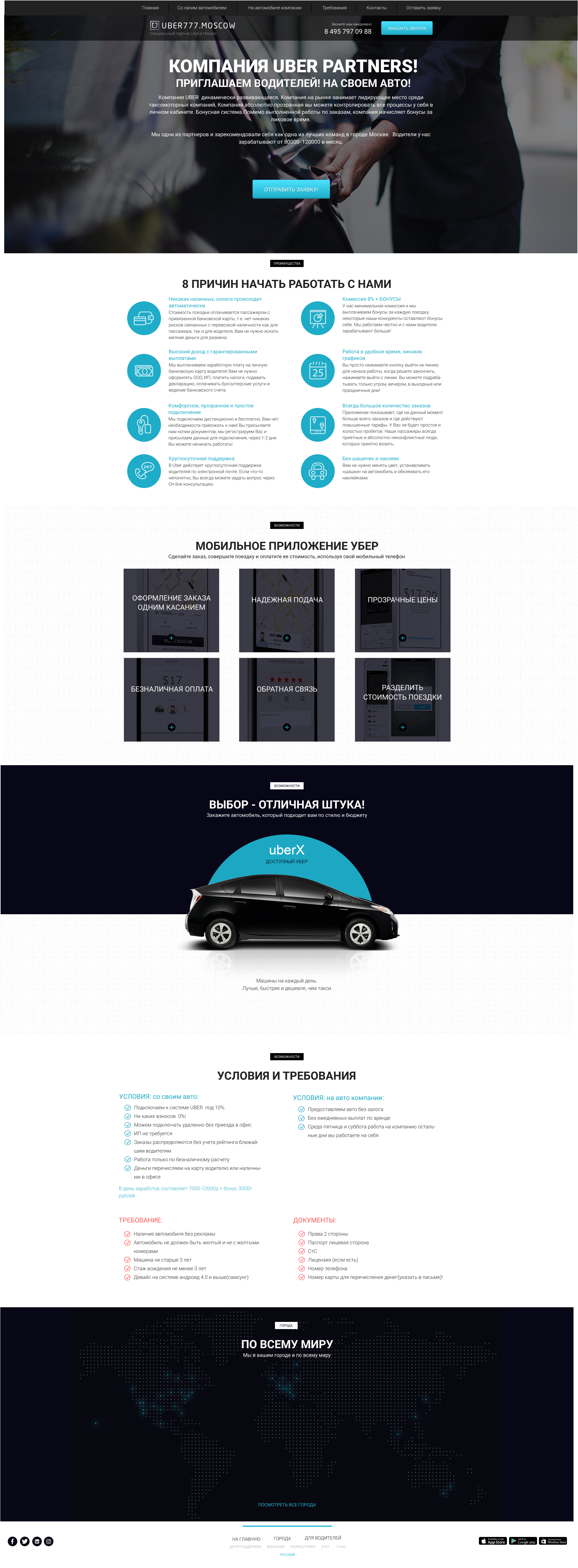 Фото UBER PARTNERS
Сайт був створений за допомогою таких технологій як: HTML5, Css, Sass, Bootstrap, Git.
Також за допомогою сервісів Gulp, GitHub.
На створення сайту було витрачено 2 дні.
Також сайт має Seo оптимізацію.