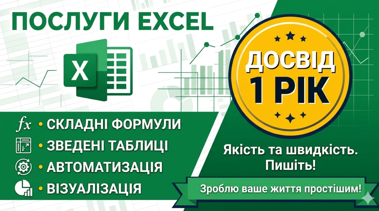 Фото Професійна робота з Excel: формули, таблиці, автоматизація. Досвід 1 рік 1