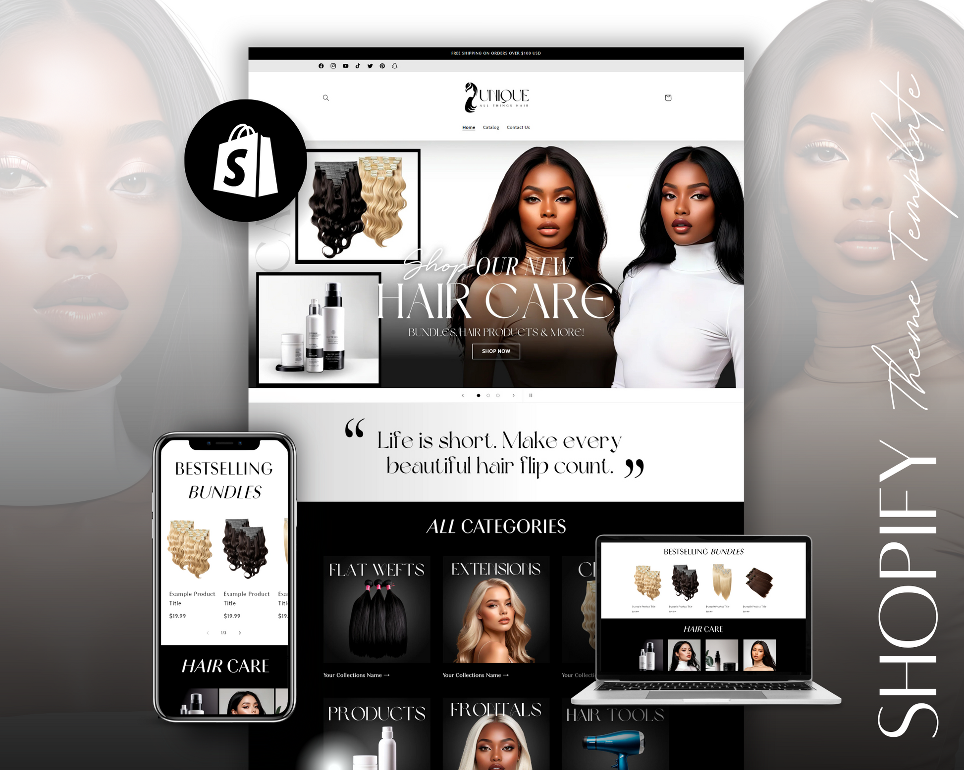 Фото Beauty магазин засобів для волосся UNIQUE - Shopify Theme
Розробив спеціалізовану тему для Shopify, орієнтовану на продаж засобів для догляду за волоссям та нарощування. Дизайн виконаний у чорно-білій гамі з акцентом на професійну beauty індустрію.
Ключові особливості:

Контрастна чорно-біла палітра для преміум відчуття
Професійна фотографія з моделями різної етнічності
Мотиваційний слоган "Life is short. Make every beautiful hair flip count"
Повністю адаптивний дизайн для всіх пристроїв

Функціональність:

Категоризація: FLAT WEFTS, EXTENSIONS, HAIR CARE, HAIR TOOLS
Секція "BESTSELLING BUNDLES" з популярними товарами
Зручна навігація по колекціях волосся
Інтеграція з системою онлайн-платежів

UX/UI рішення:

Елегантна типографіка з великими заголовками
Зручне відображення товарів у вигляді карток
Швидкий доступ до категорій з головної сторінки
Оптимізована мобільна версія

Результат:
Створено платформу, яка ефективно презентує beauty продукти 