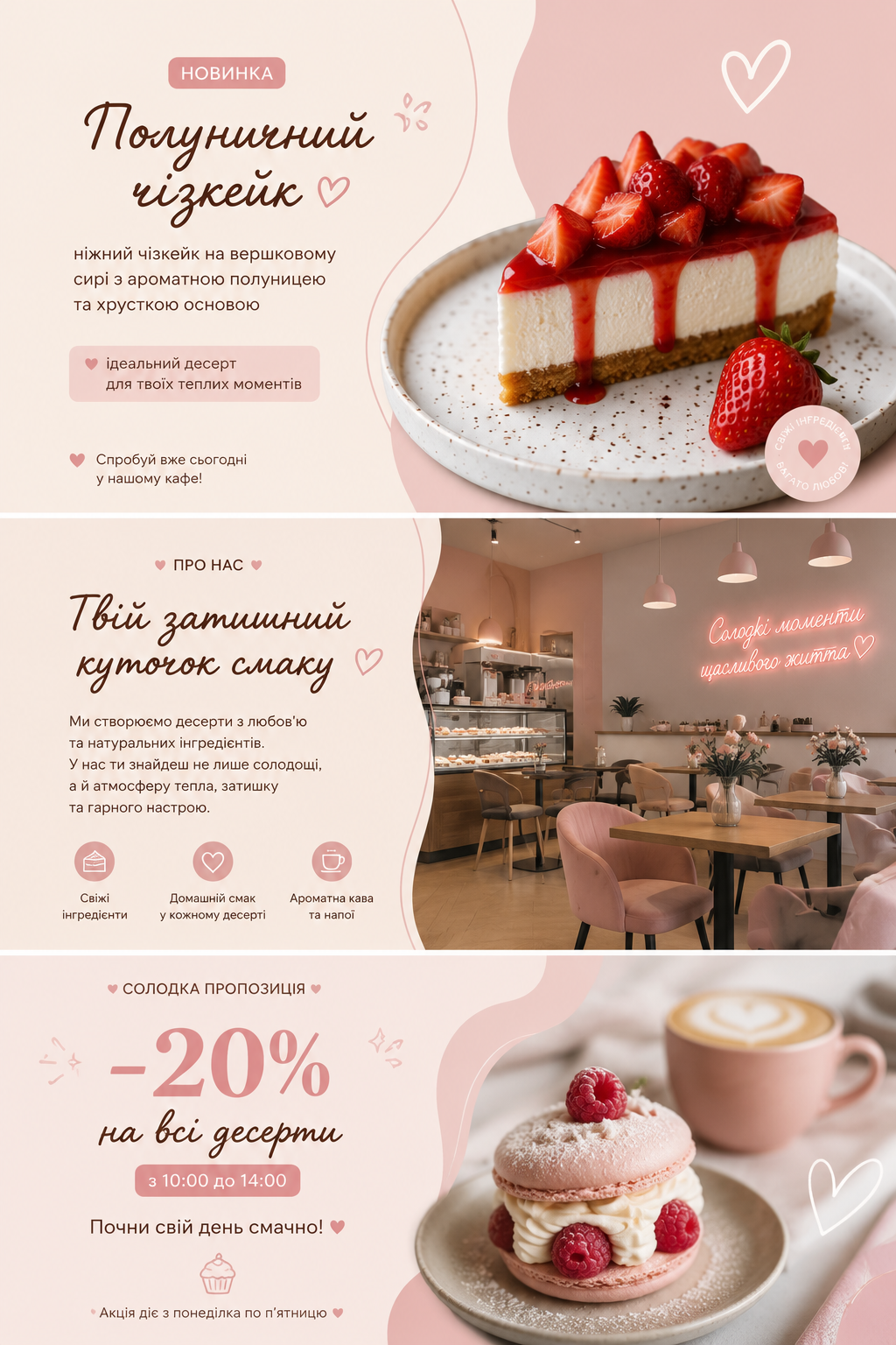 Фото 🍰 Текст для кафе-кондитерської

Розроблено рекламний контент для затишної кондитерської в ніжній рожево-бежевій гамі. Створено три формати тексту: пост про новий полуничний чизкейк, опис атмосфери закладу та рекламну пропозицію зі знижкою 20% на десерти. Тексти орієнтовані на соціальні мережі та передають теплу, затишну й апетитну атмосферу бренду.