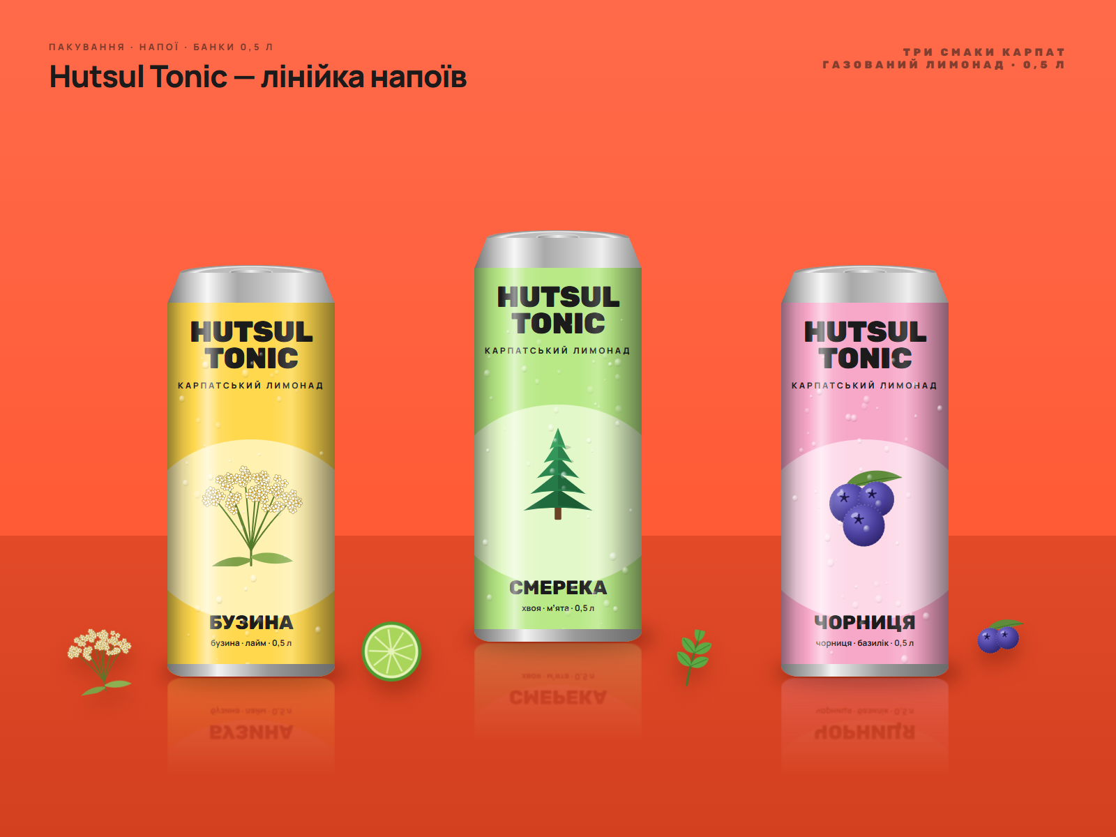 Фото Банки 0,5 л для карпатських лимонадів Hutsul Tonic: три смаки — бузина, смерека, чорниця — кожен із власним кольором та ілюстрацією. Обʼємна візуалізація з відблисками, краплями конденсату й реквізитом.