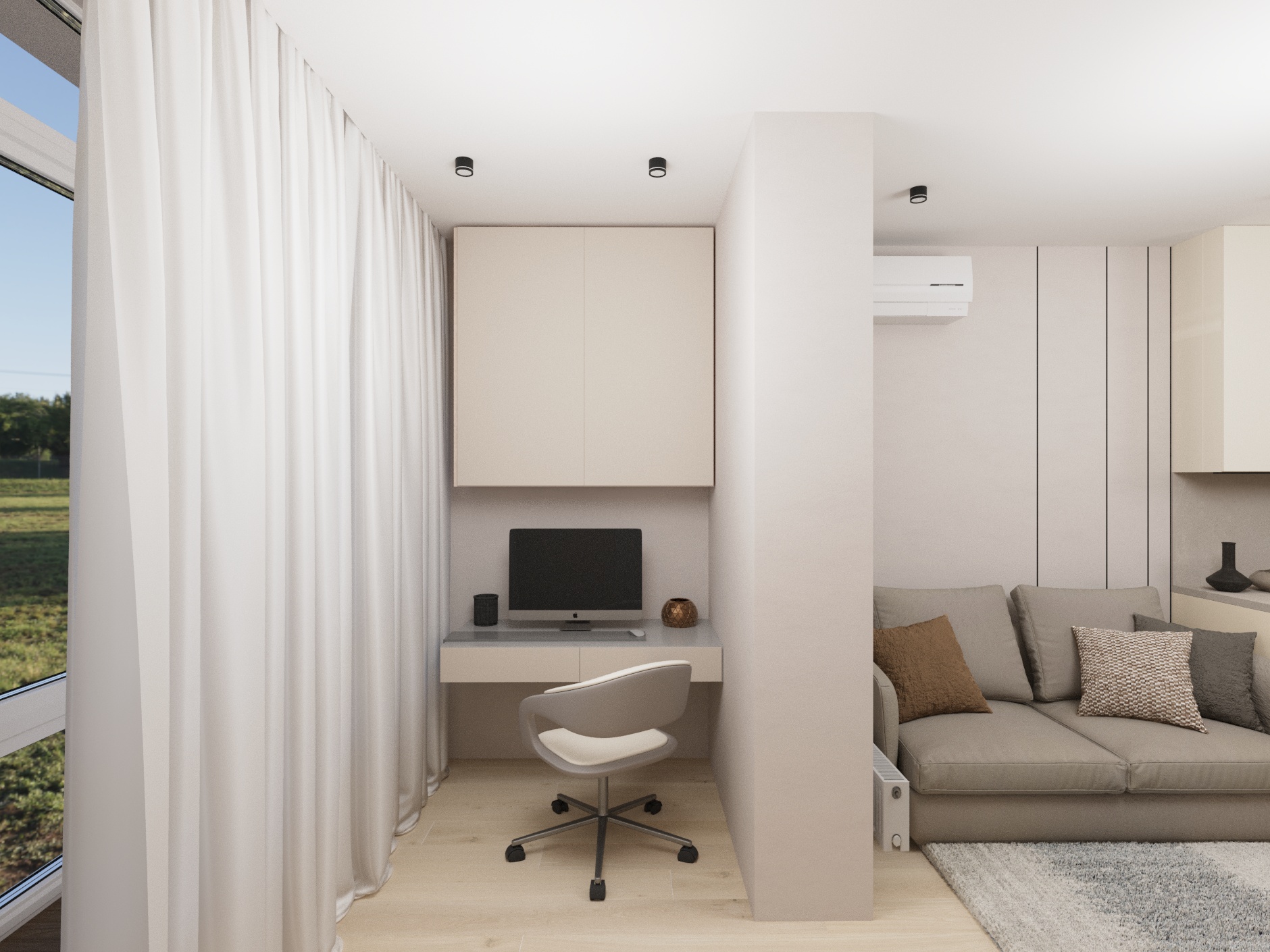 Фото Дизайн-проект двокімнатної квартири з кухнею-вітальнею та лоджією, підлаштованою під робочу зону. 