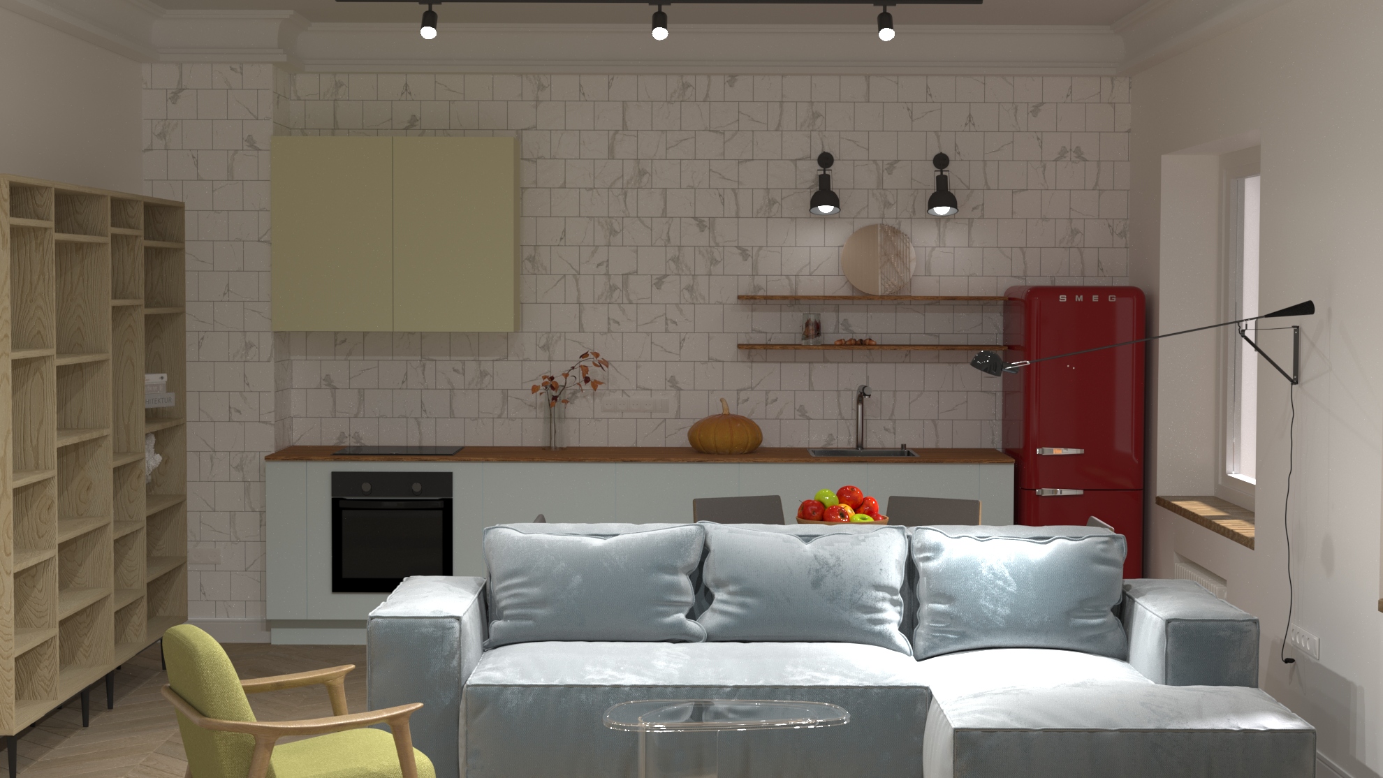 Фото 3d визуализация в программе 3ds max. Подбор мебели и материалов. Проработка разных сценариев освещения.