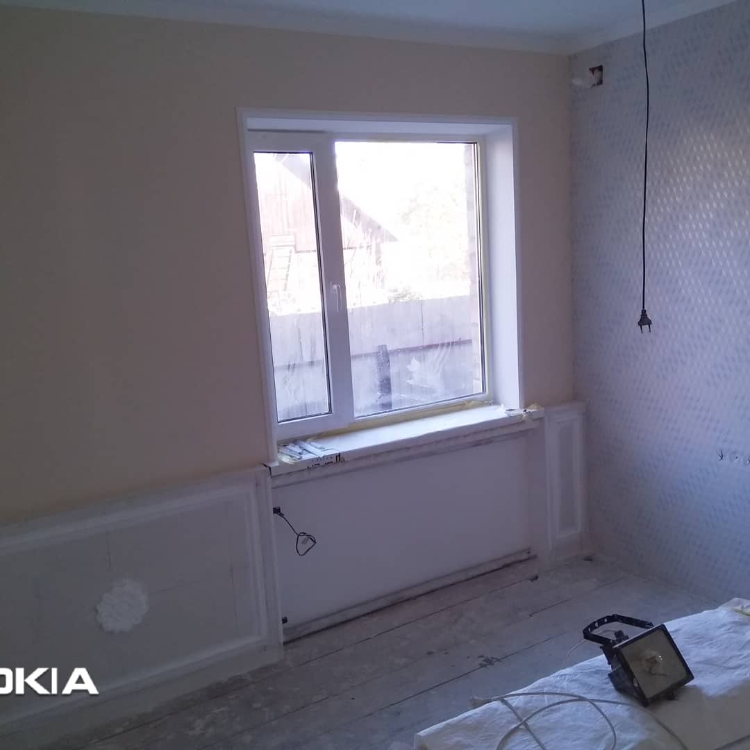 Фото вся комната, стены и потолок откосы и короб из ГК