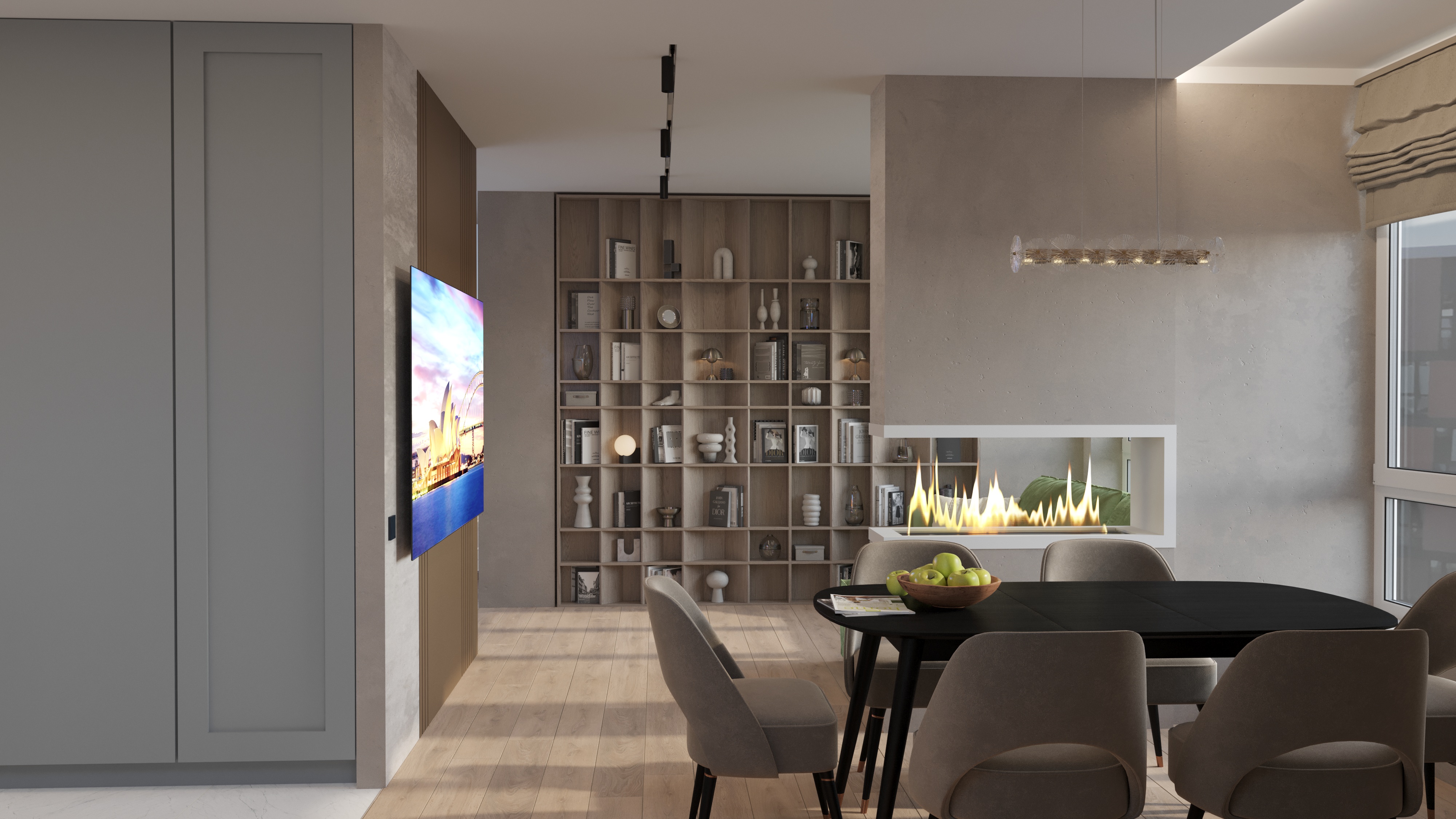 Фото Візуалізація вітальні з біокаміном