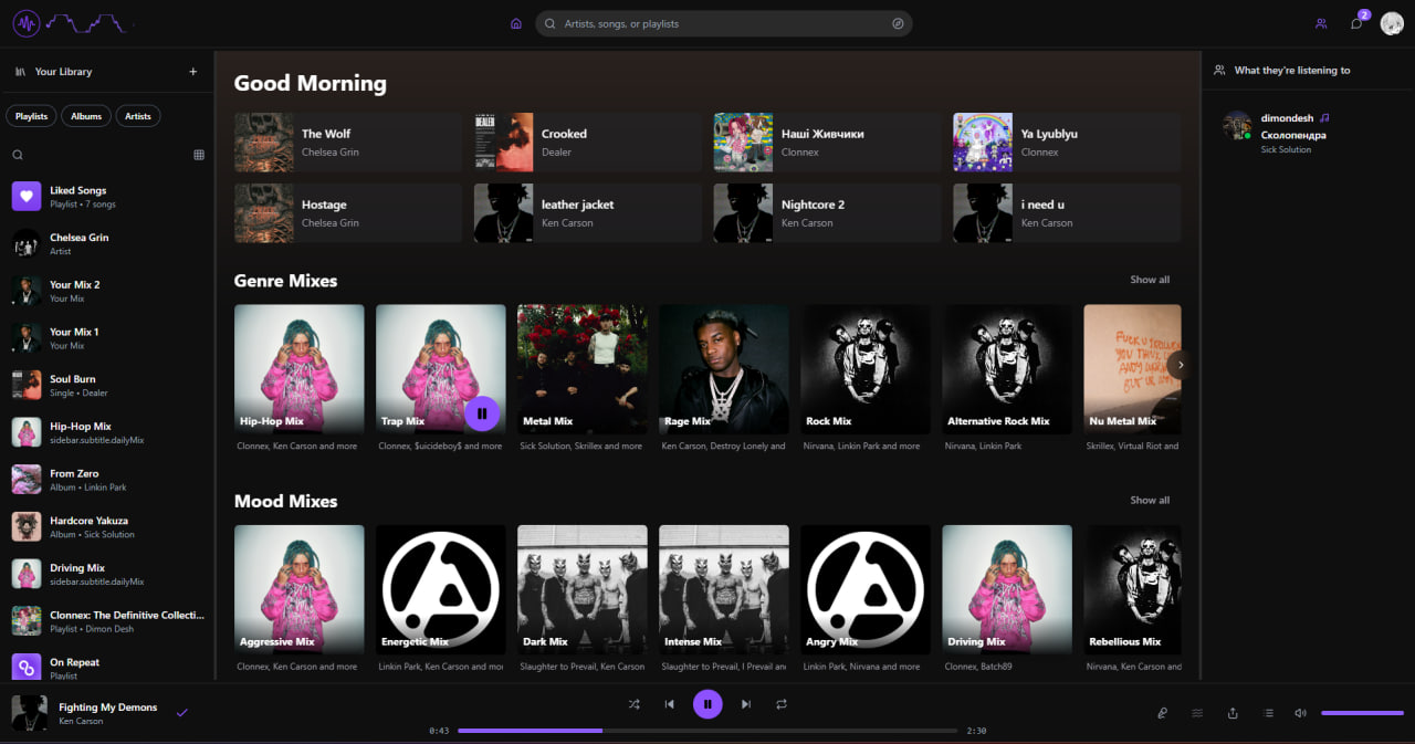 Фото Реалізував повноцінний музичний веб-додаток з програванням треків, плейлистами, міксами, рекомендаціями та адаптивним інтерфейсом.
Є аудіо-плеєр з контролями, сторінки артистів та альбомів, пошук та навігація.
Проєкт виконаний на React + Tailwind з акцентом на якісний UX та сучасний дизайн. На бекенді використовував: Express, MongoDB SpotifyApi, Gemini API для ШІ інтеграцій.