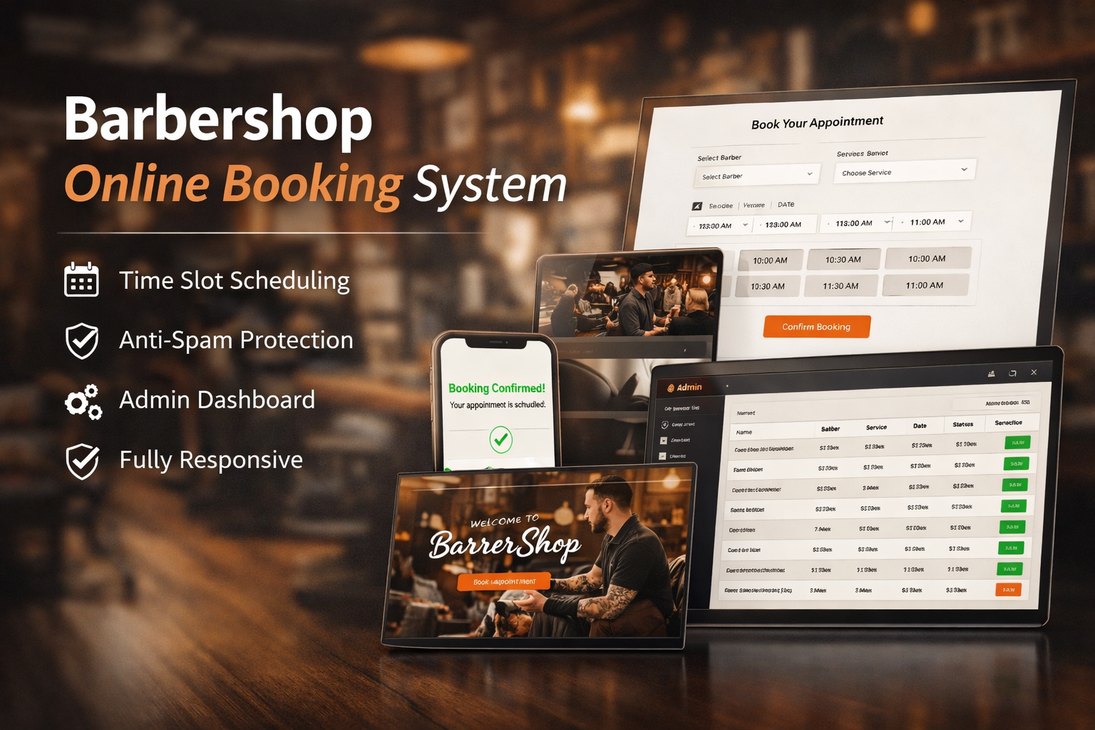 Фото Barbershop — полноценная веб-платформа для онлайн-записи клиентов
для барбершопов и салонов услуг с клиентской частью и админ-панелью.

Проект реализован как коммерческий MVP и задеплоен в продакшн.
Интерфейс выполнен в SPA-стиле без перезагрузки страниц.

Функционал для клиентов:
онлайн-запись (услуга → мастер → дата → время) с отображением только свободных слотов,
личный кабинет, управление записями, профиль пользователя, мультиязычность (RU / UA / EN).

Функционал администратора:
админ-панель управления записями и статусами, услуги, мастера, расписание,
контент сайта и контроль всех бронирований.

Технически: Python, Django, PostgreSQL, Gunicorn, WhiteNoise, конфигурация через .env,
базовая защита от спама. Проект готов к масштабированию.
