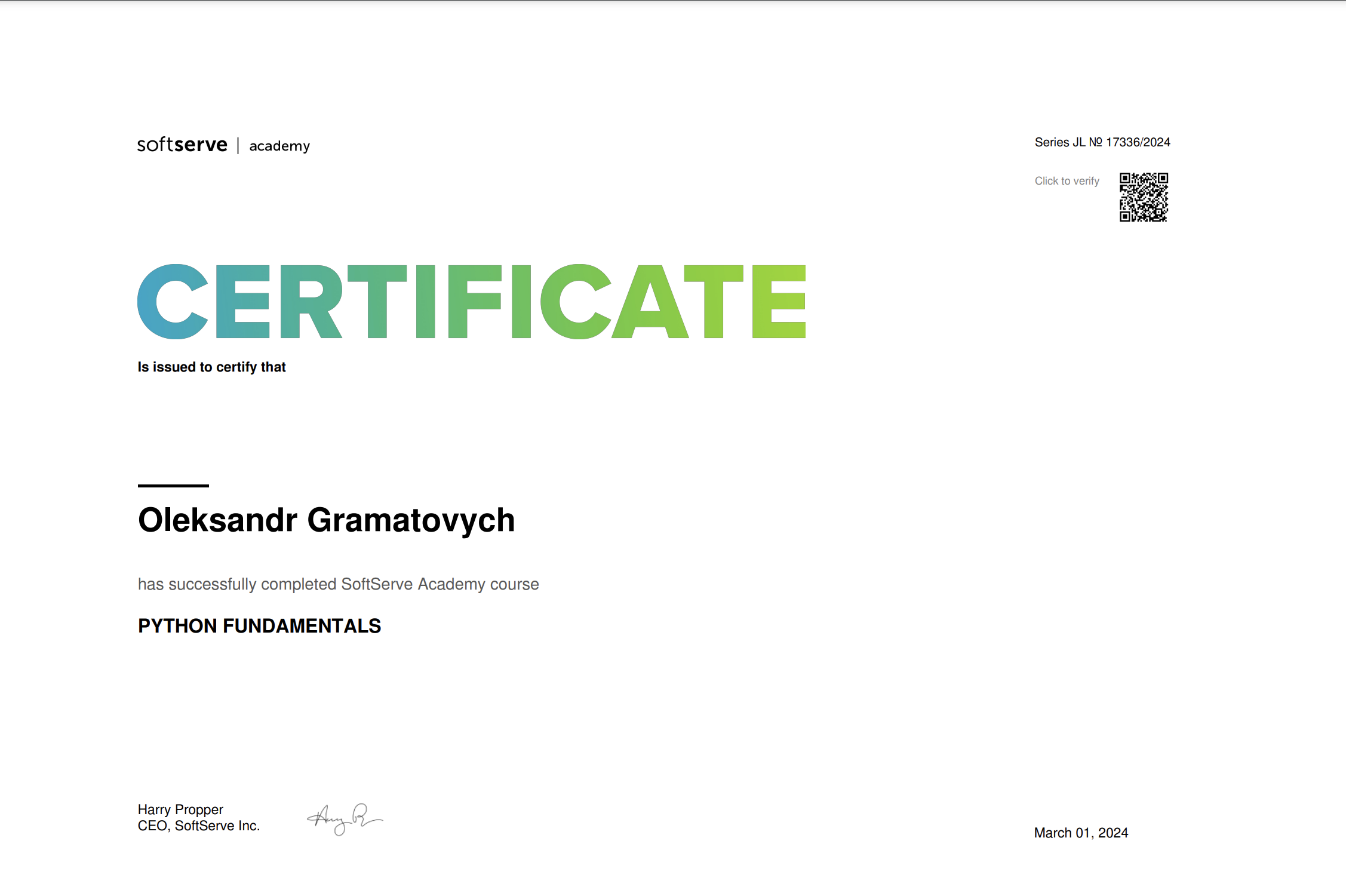 Фото Успішно пройшов курси від компанії Softserve Python fundamentals