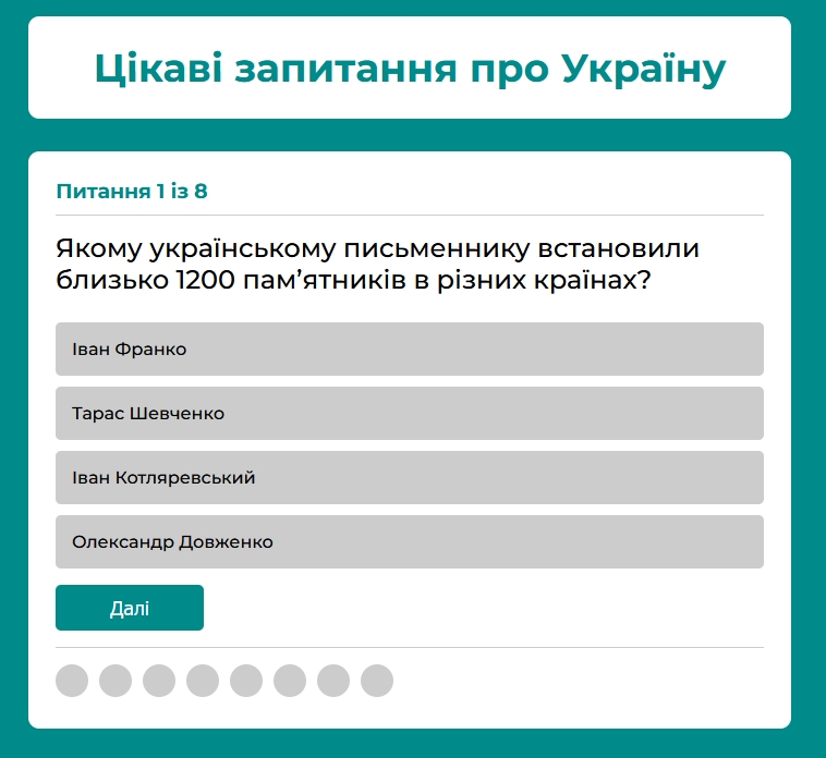 Фото ≡ міні-вікторина «Цікаві запитання про Українуi» (https://questions-about-ukraine.netlify.app/). Час виконання - 42 год.