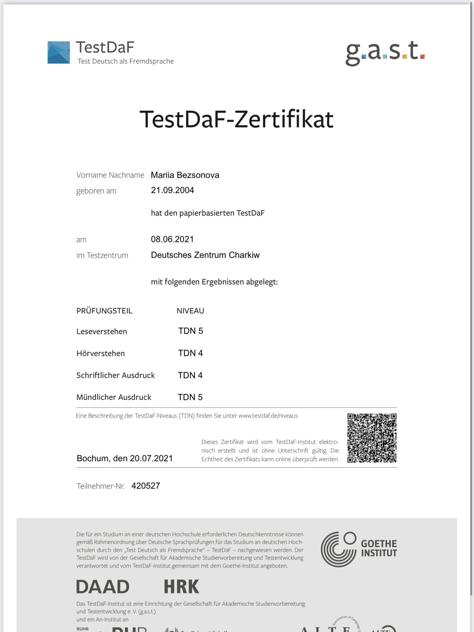 Фото Сертифікат Test Daf - рівень B2-C1
