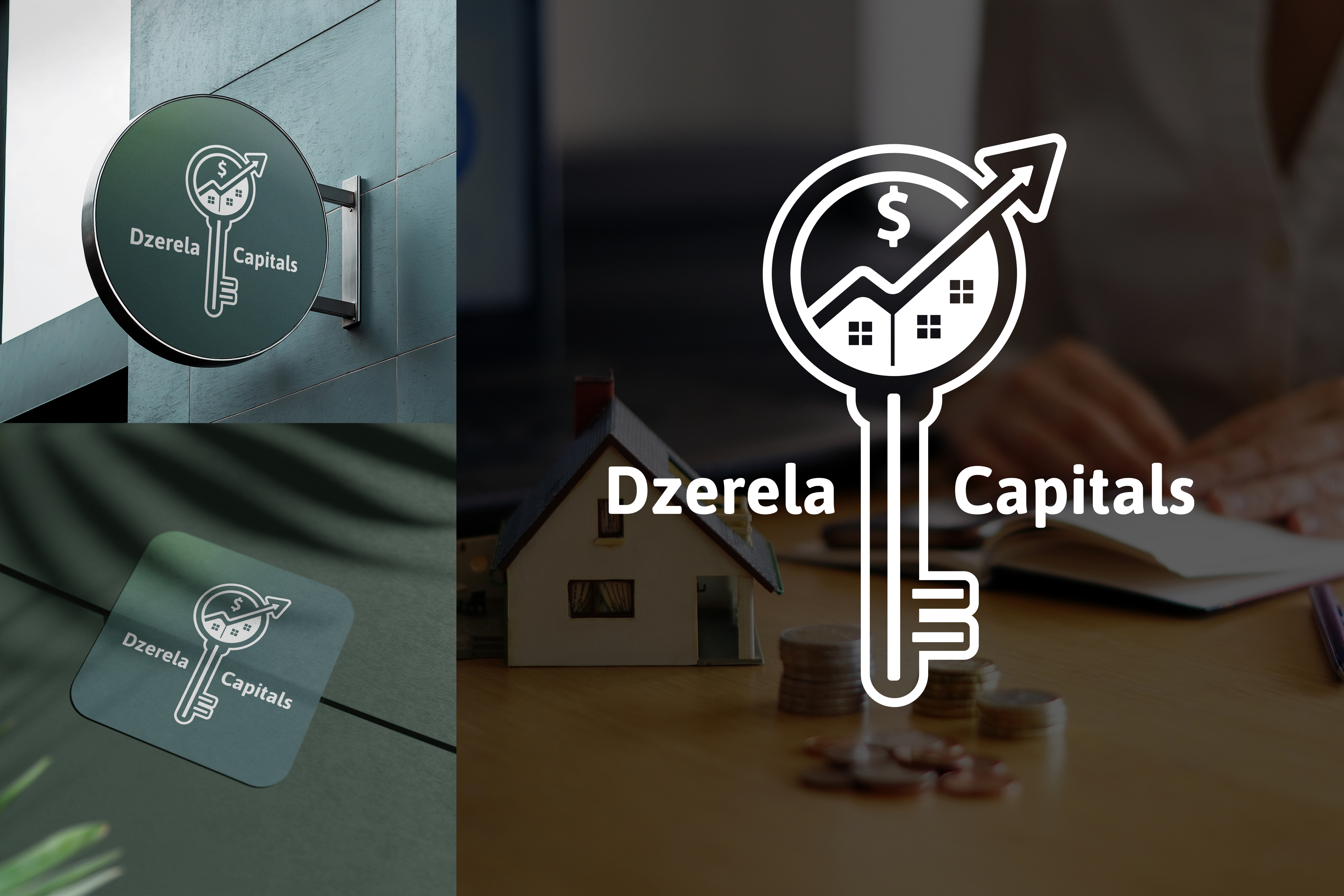 Фото Dzerela Capitals — фірмовий стиль.
Розробка візуальної айдентики для компанії у сфері нерухомості та інвестицій. Основою стилістики став лаконічний знак-символ, у якому поєднано образ ключа, будинків, фінансового зростання та інвестиційної перспективи.
Стримана темно-зелена палітра, контрастна типографіка та чітка геометрія формують образ надійного й сучасного бренду. Айдентика адаптована до різних носіїв — від поліграфії та ділової атрибутики до зовнішньої реклами й навігації.