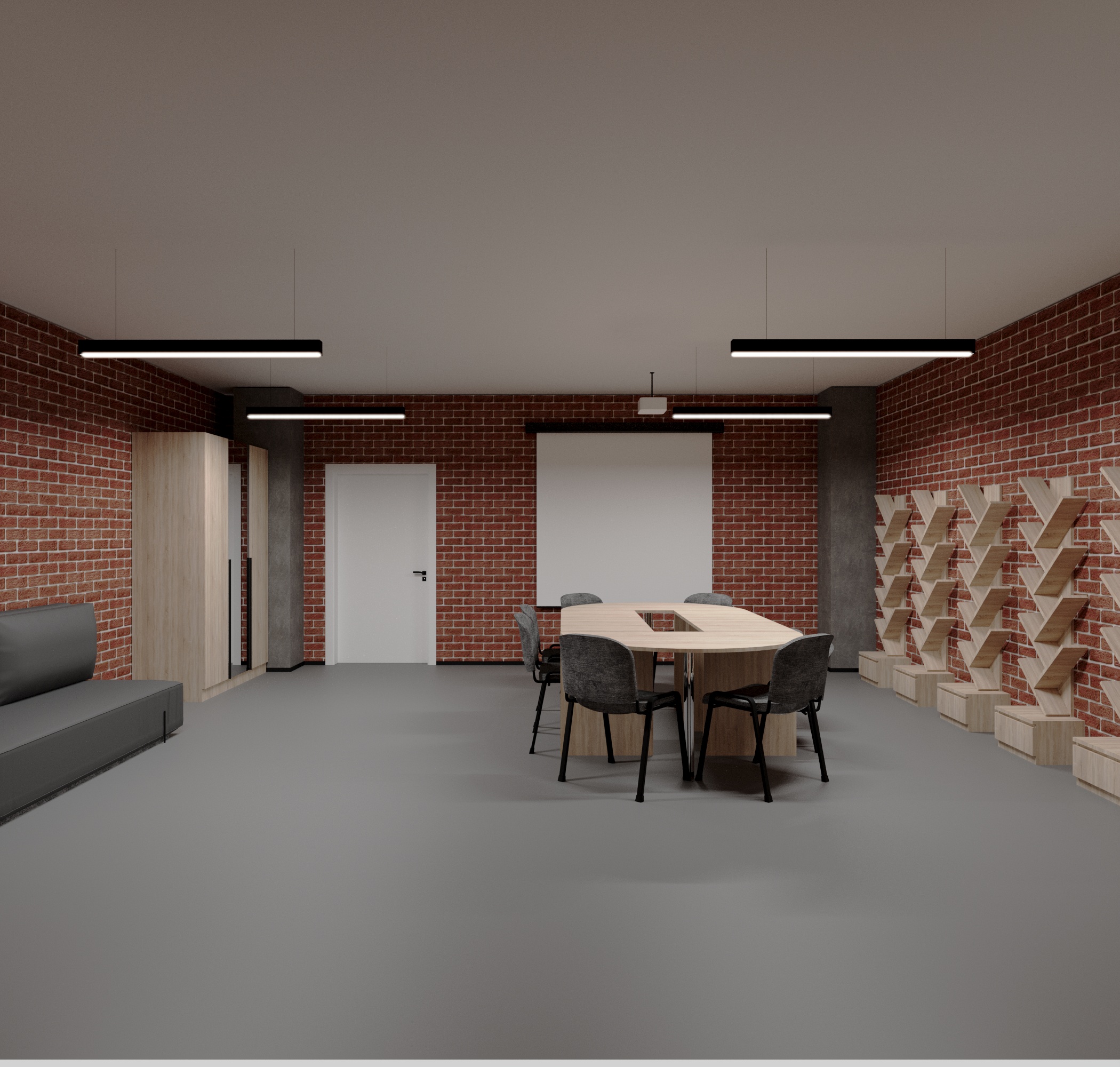 Фото Візуалізація учительскої в підземній школі з підбором елементів інтер'єру.