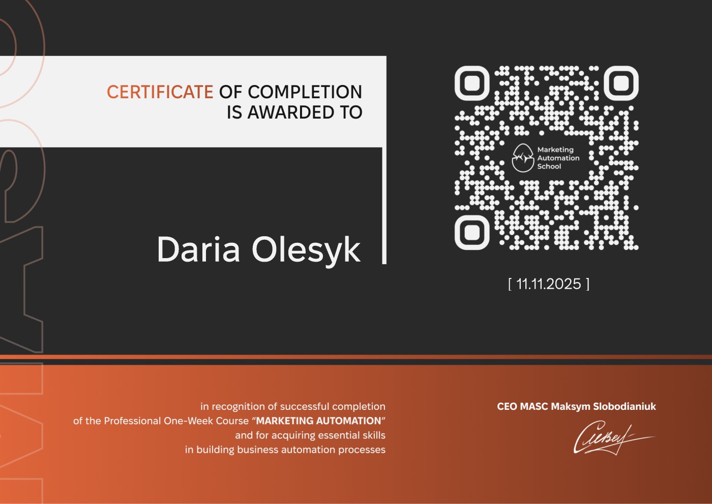 Фото Я пройшла професійний курс “Marketing Automation” і отримала практичні навички з автоматизації маркетингу — створення чат-ботів, систем розсилок, інтеграцій, налаштування кампаній і просування бізнесу через автоматизовані інструменти.

Цей напрям поєднує технічну частину та маркетинг — допомагає бізнесу отримувати клієнтів швидше й ефективніше без зайвих витрат.