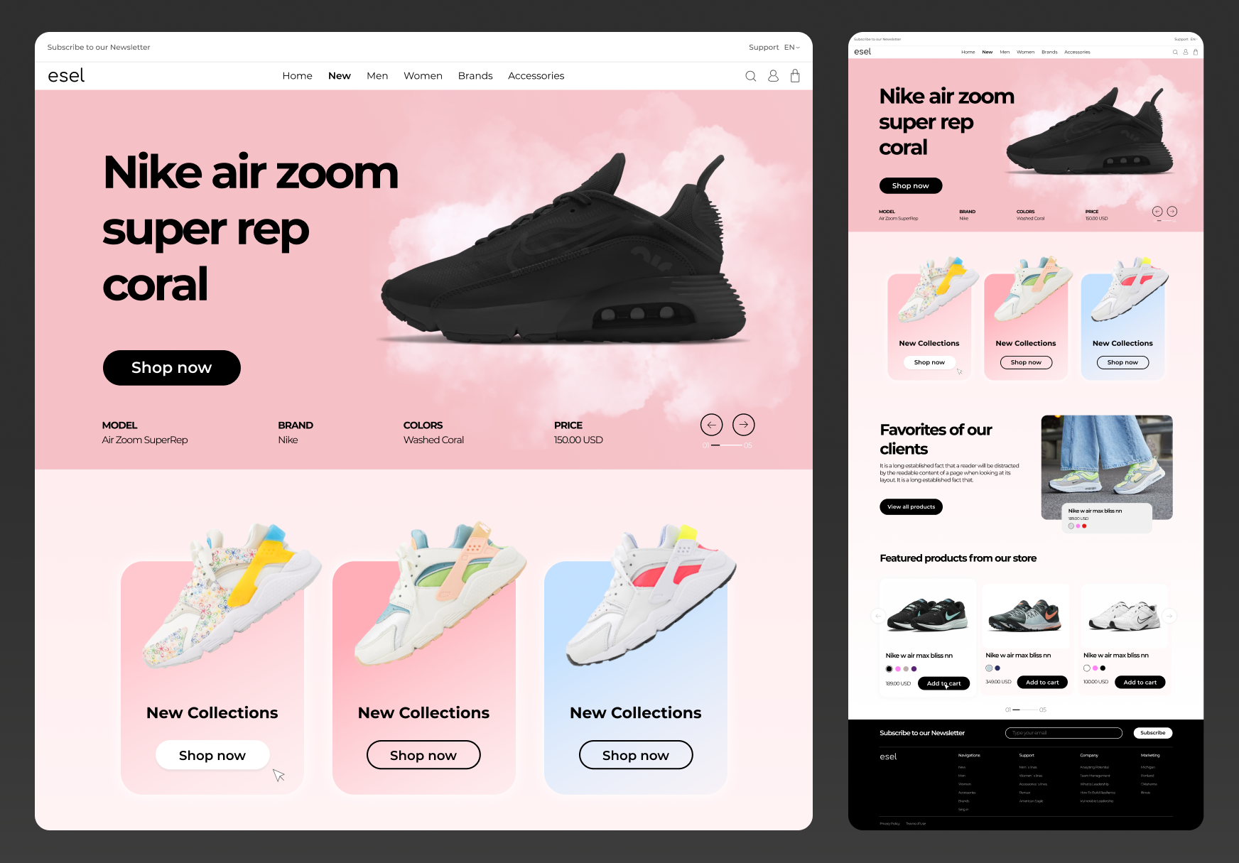 Фото Вітаю!

Проект створено у Figma, з використанням Adobe Phoroshop, Procreate для створення іконок та створення логотипу!
Метою даної роботи є створення сайту з продажу взуття для молодої аудиторії, що підходить для цього взуття.
Дизайн виконаний у світлих тонах із гарним інтерфейсом.
Важливо, щоб клієнту було зручно користуватися цим сайтом, тому все зроблено просто та лаконічно!

З повагою, Владіслав!