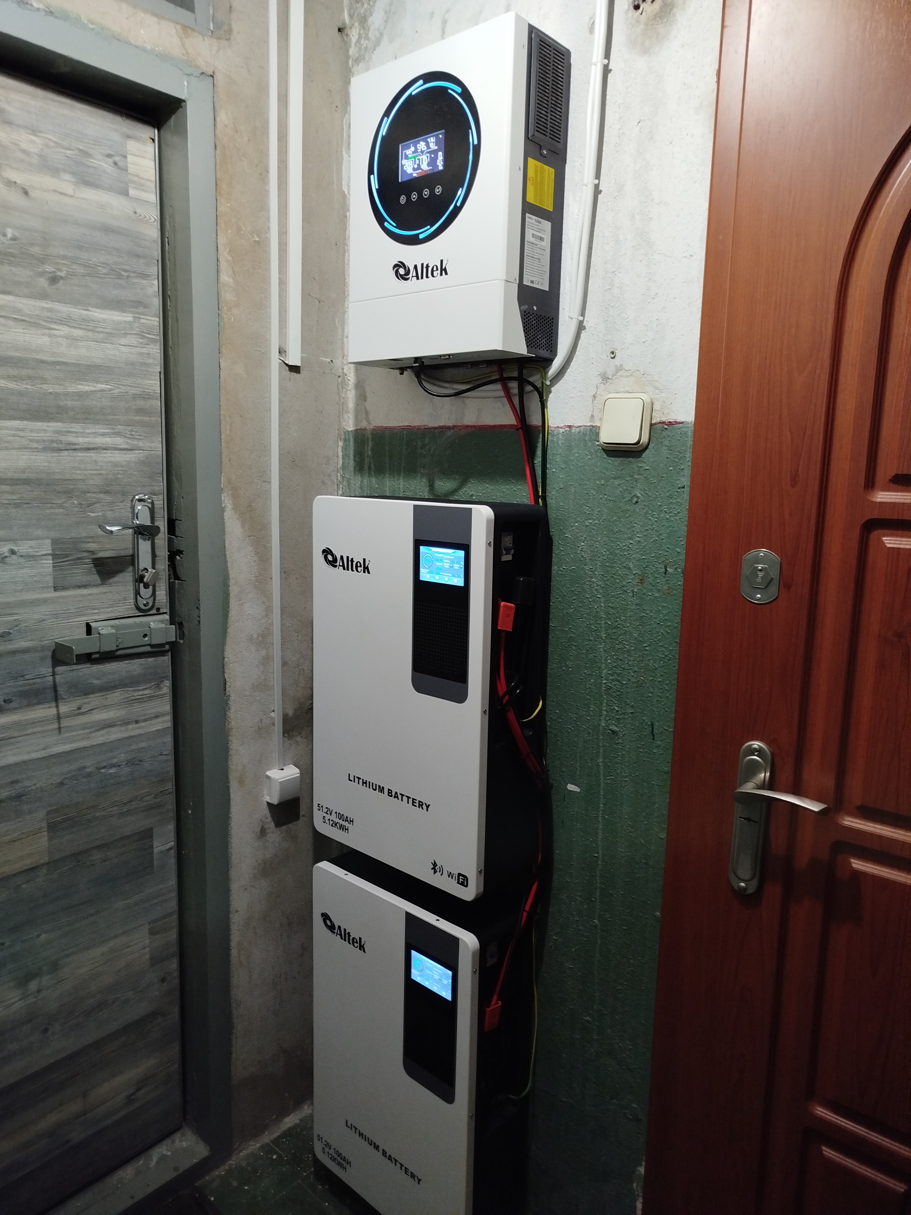 Фото Встановлення гібридного інвертора Altek з комплектом батарей на 10 Kwh. Гарна ідея розмістити систему у тамбурі, звісно коли це дозволяють міркування безпеки. Як результат - ніякого шуму у квартирі навіть під час повного навантаження. Звертайтесь))