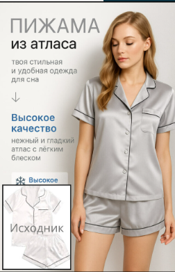 Фото E-commerce кейс
Картка товару: жіноча піжама
Було:
Стандартне фото комплекту на сірому фоні
Стало:
Візуал із моделлю
Акцент на матеріал та комфорт
РЕЗУЛЬТАТ:
2 замовлення за перші 3 дні
Додаткові елементи посилили довіру до товару