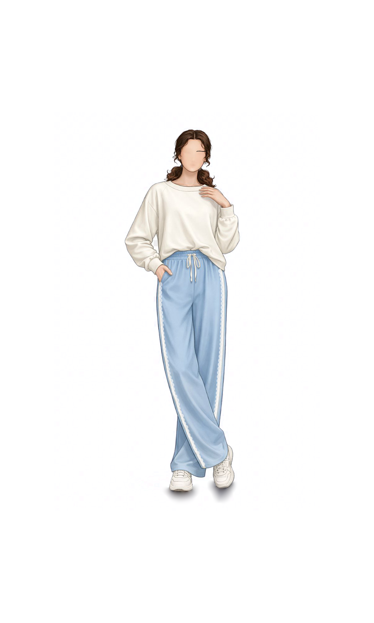 Фото Творення ескізу повсякденного образу (Casual style) для бренду одягу. Робота включала:
Візуалізація штанів вільного крою з декоративною білою тасьмою (лампасами) по боках.
Графічне відображення м’яких складок вільного світшота та еластичного пояса на зав'язках.