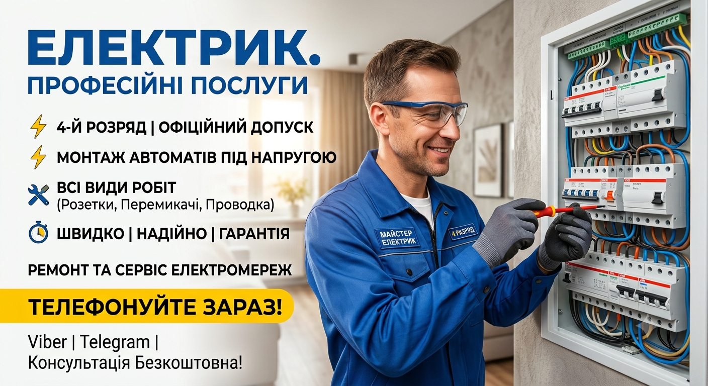 Фото Шукаєте досвідченого фахівця для вирішення проблем з електрикою або монтажу "з нуля"? Пропоную надійні послуги електрика будь-якої складності.
Чому варто звернутися до мене:
Офіційна кваліфікація: Маю 4-й розряд та чинний допуск з електробезпеки.
Роботи підвищеної складності: Виконую встановлення та заміну автоматів навіть під напругою (без необхідності повного знеструмлення об'єкта).
Досвід та безпека: Працюю з дотриманням усіх технічних норм та стандартів.
Основний перелік послуг:
Монтаж, заміна та перенесення розеток, вимикачів, світильників.
Встановлення автоматів, ПЗВ (УЗО), реле напруги.
Повна або часткова заміна електропроводки в квартирах, будинках та офісах.
Збирання та підключення електрощитків.
Швидкий пошук та усунення коротких замикань і несправностей у мережі.
Підключення потужної побутової техніки (бойлери, варильні поверхні, духові шафи).
Гарантую акуратність, відповідальність та довговічність виконаної роботи. Працюю професійним інструментом.