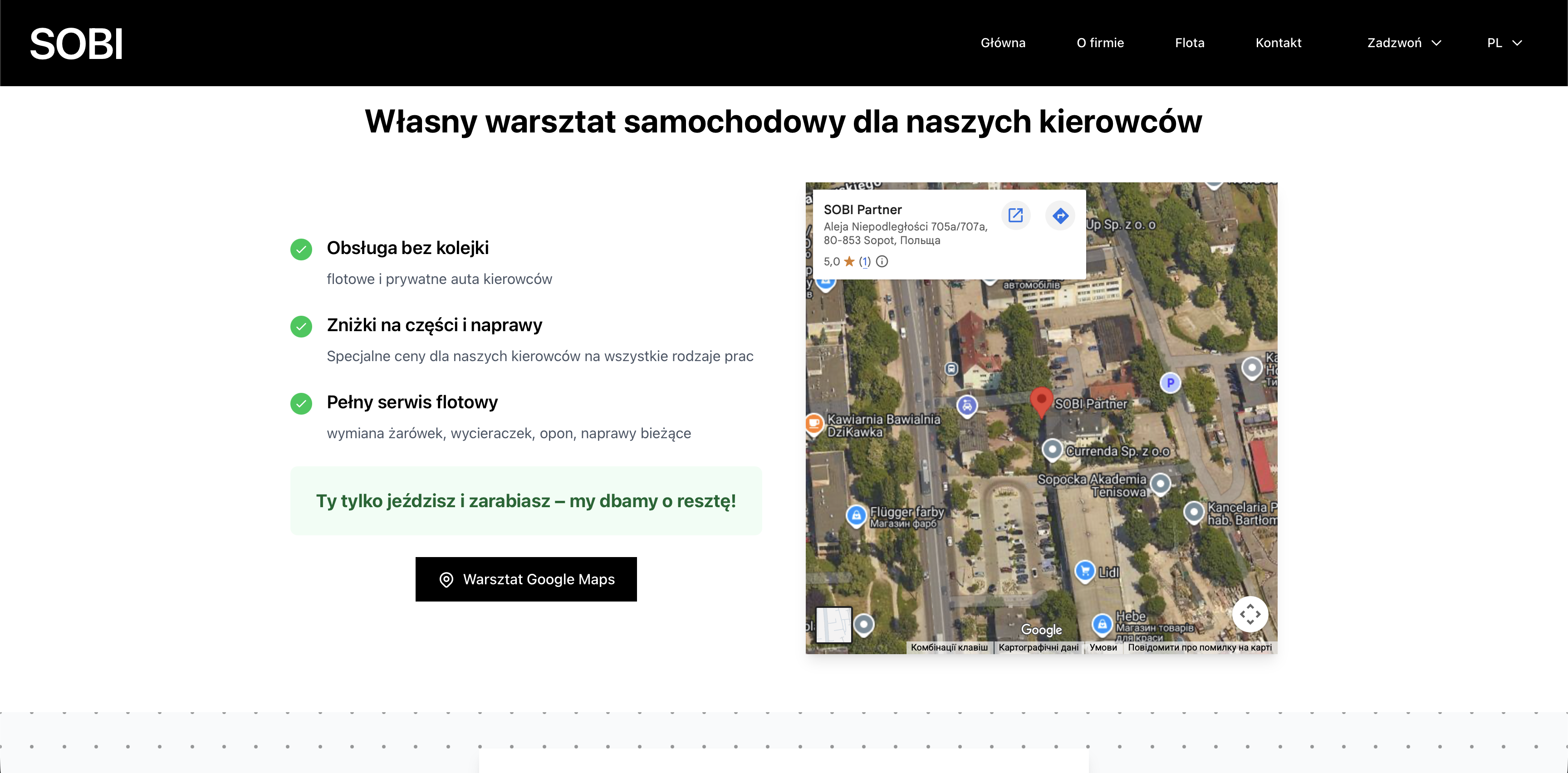 Фото SOBI — лендінг для рекрутингу водіїв таксі

Сайт-візитка для польської компанії SOBI (Sopot, Trójmiasto), що допомагає водіям почати працювати в Uber, Bolt, FreeNow, iTaxi. Реалізовано як багатосторінковий лендінг з фокусом на залучення кандидатів через форму заявки.

Функціонал:

Hero-секція з CTA "Долучитись" та калькулятором заробітку
Блок переваг компанії (підтримка з ліцензуванням, флот, власний автосервіс, виплати щотижня)
Покрокова інструкція "Як стати водієм" з вимогами
Каталог автопарку з фото, характеристиками, цінами оренди та статусом доступності
Секція з партнерами-агрегаторами (Uber, Bolt, FreeNow, iTaxi)
Блок про власний автосервіс з Google Maps
Форма заявки з валідацією (Імʼя, телефон, email, місто, коментар)
Мультимовність: польська, українська, російська, англійська
Контакти, інтерактивна карта офісу
Стек: Vue.js, адаптивна верстка, Nginx

Виконано під ключ: UI/UX дизайн, розробка, домен + DNS, налаштування VPS, SSL, деплой, тестування, SEO.