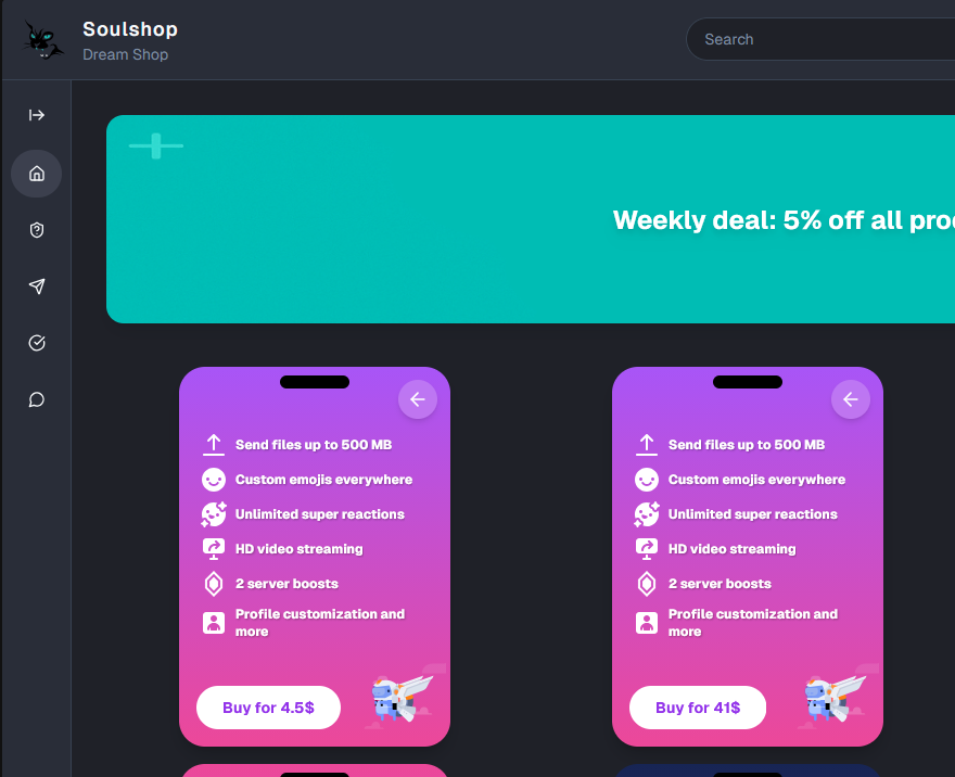 Фото Soulshop — сучасна платформа електронної комерції для продажу цифрових товарів, підписок та програмного забезпечення. Реалізував систему онлайн-оплат, автоматичну видачу товарів після покупки, особистий кабінет користувача, реферальну програму та адміністративну панель для керування товарами й замовленнями.
