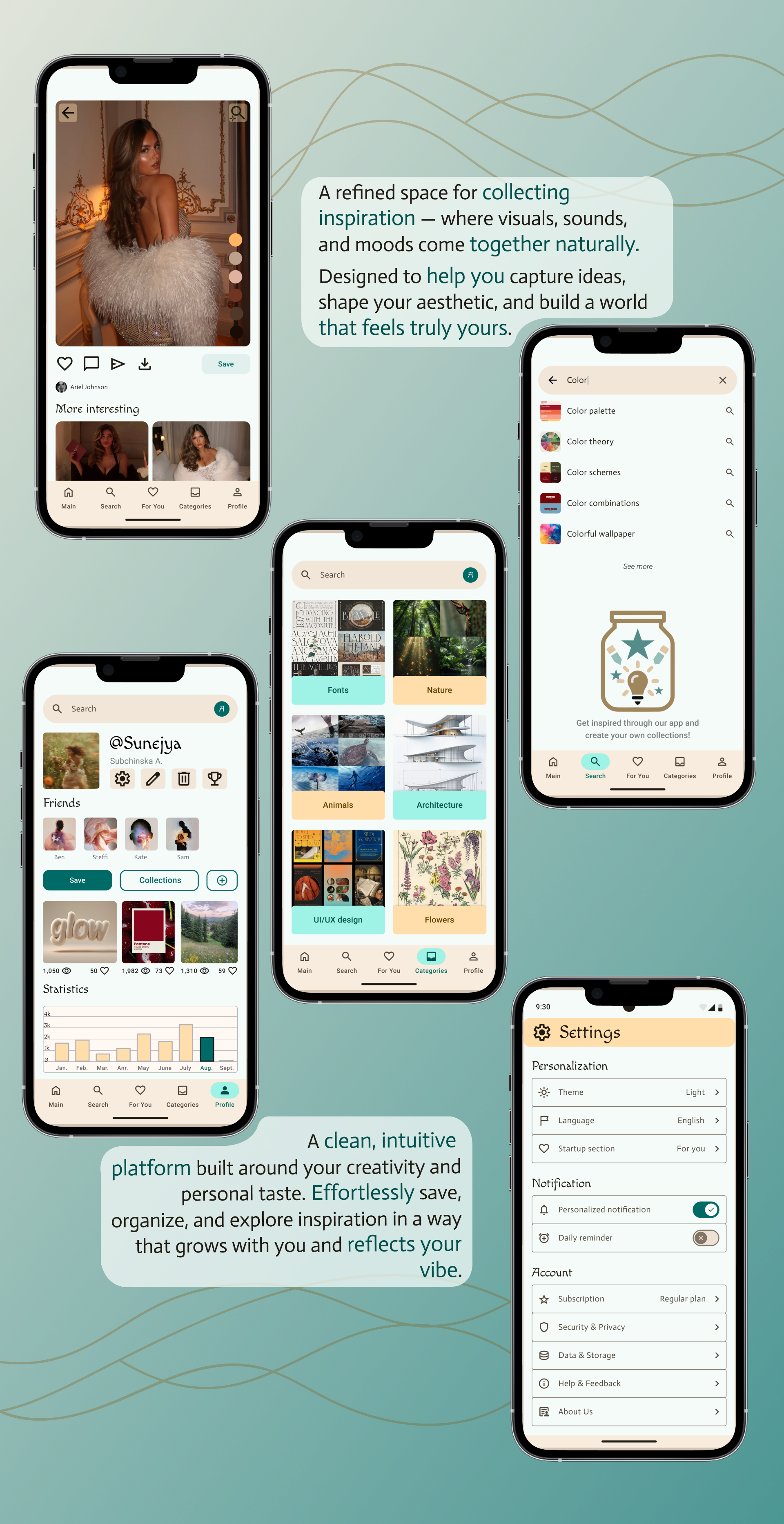 Фото Inspiration Collector — концепт мобільного застосунку для пошуку, збереження та організації творчого натхнення. Проєкт створений для дизайнерів, художників та всіх, хто працює з візуальними референсами.

У межах роботи було розроблено структуру застосунку, користувацькі сценарії, дизайн-систему та 6 основних екранів інтерфейсу. Особливу увагу приділено UX/UI дизайну, підбору кольорової палітри, типографіки та створенню єдиного візуального стилю.

Функціонал включає персоналізовану стрічку рекомендацій, пошук за категоріями, створення колекцій, профіль користувача зі статистикою та збереження вподобаного контенту. Для покращення взаємодії були розроблені плавні анімації та мікроефекти переходів між екранами.

Загальний час роботи над проєктом, включаючи дослідження, проєктування, дизайн та прототипування, склав приблизно 20–30 годин.