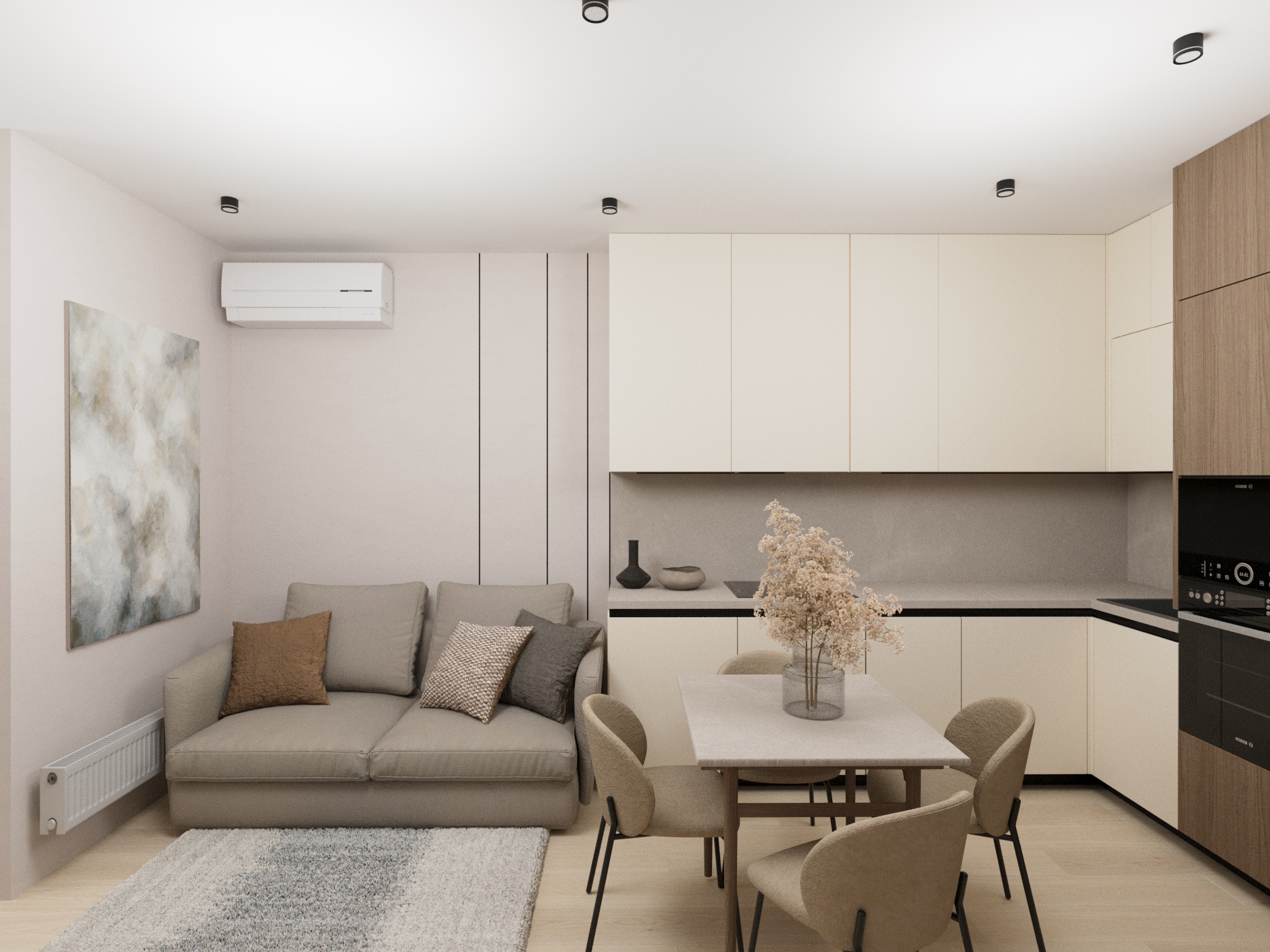 Фото Дизайн-проект двокімнатної квартири з кухнею-вітальнею та лоджією, підлаштованою під робочу зону. 