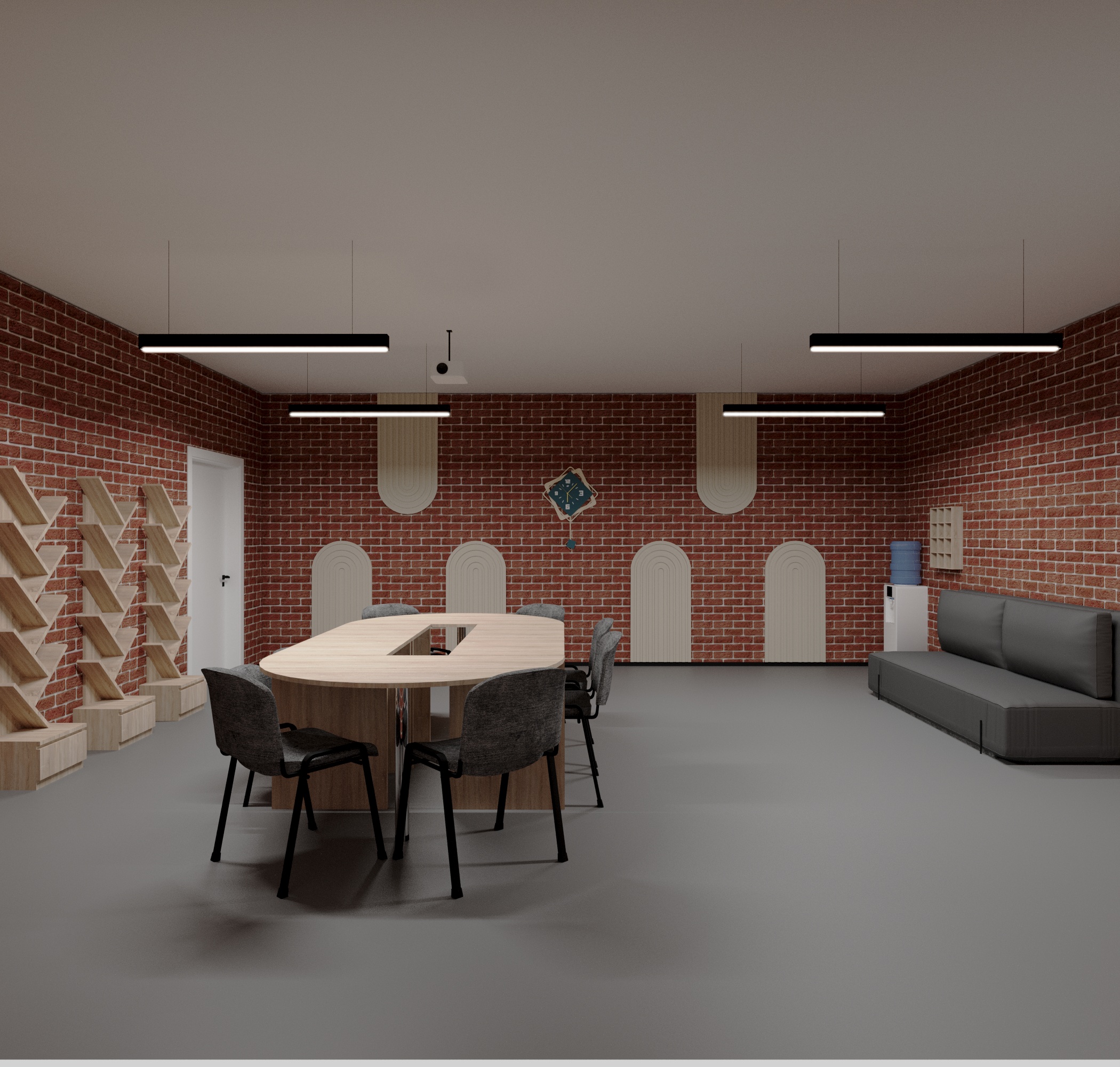 Фото Візуалізація учительскої в підземній школі з підбором елементів інтер'єру.