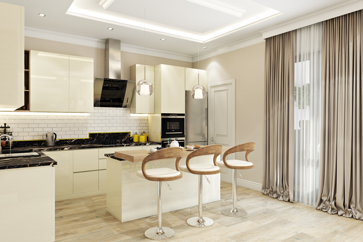 Фото Кухня-студия в дизайн проекте квартиры в ЖК Desna Residence