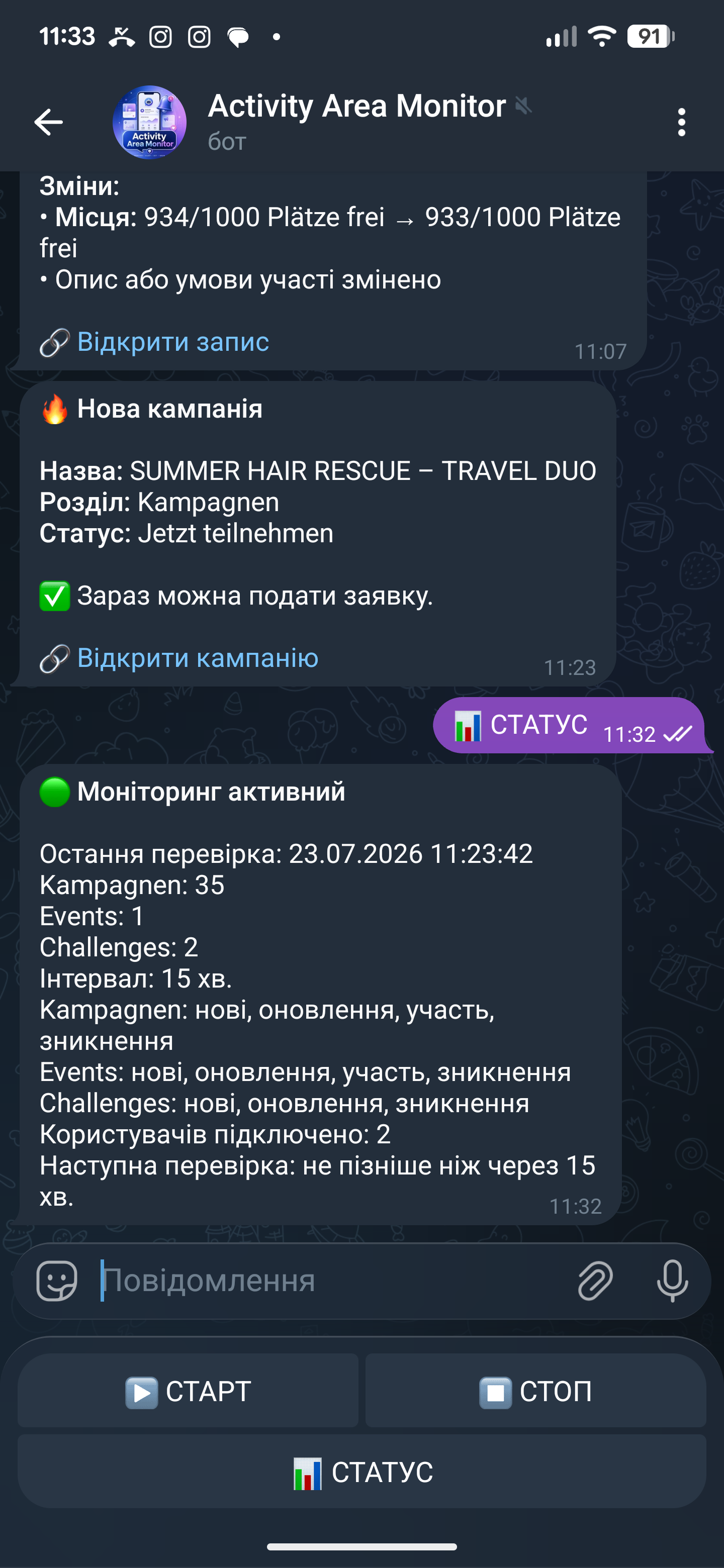 Фото ### Telegram-бот для моніторингу Activity Area
Розробив Telegram-бота, який автоматично входить на сайт L’Oréal iStar та перевіряє нові кампанії, події й Challenges.
Бот повідомляє про:
* появу нових кампаній і подій;
* відкриття реєстрації та вільних місць;
* зміни в уже наявних пропозиціях;
* зникнення або повторну появу кампаній.
Також налаштував роботу для кількох користувачів, кнопки запуску, зупинки та перегляду статусу, захист від повторних сповіщень, збереження історії та цілодобову роботу на VPS-сервері.
Окремо зробив так, щоб тимчасова відсутність одного з розділів на сайті не зупиняла перевірку інших.
**Термін розробки та тестування: 7 днів.**
**Гарантійна підтримка після запуску: 30 днів.**
