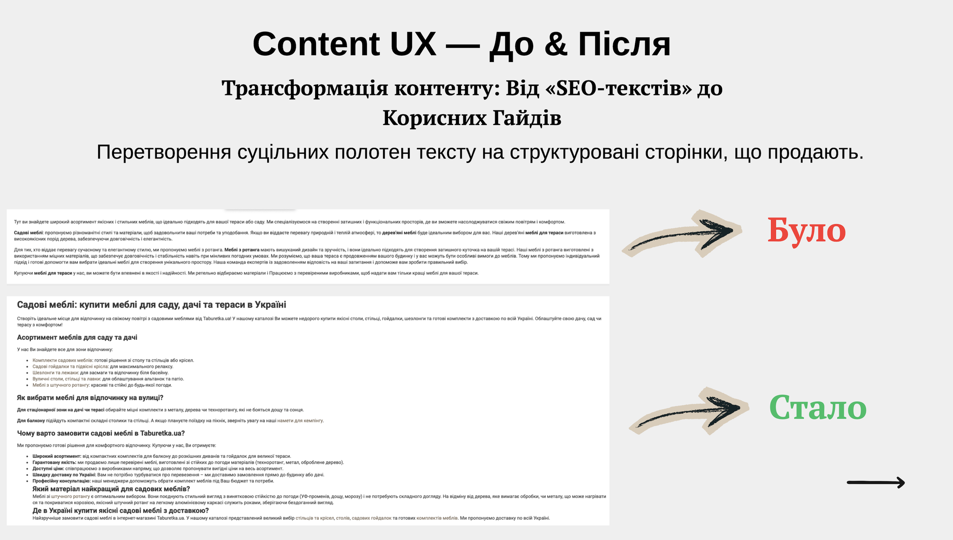 Фото Цей кейс наочно демонструє мою роботу над покращенням якості контенту (Content UX) та відповідністю вимогам Google E-E-A-T.

Проблема (До): стандартний SEO-рерайт "полотном", який важко читати, з низькою цінністю для користувача та застарілою структурою.

Рішення (Після):
1. Глибока структуризація: розбиття тексту на логічні блоки з використанням маркованих списків, підзаголовків та акцентів.

2. Корисність (User Intent): перетворення сухого опису на практичний гайд, що допомагає користувачеві зробити вибір.
3. Візуальна легкість: оптимізація подачі інформації, що покращує поведінкові фактори (час на сторінці, глибина перегляду).
4. LSI та ключі: органічне впровадження семантики без переспаму, що дозволяє сторінці краще ранжуватися за тематичними кластерами.

Результат:
Покращення читабельності контенту безпосередньо впливає на зниження показника відмов та зростання конверсії. Такий підхід був частиною стратегії, яка забезпечила стабільний ріст органіки до 10.5 млн сеансів.