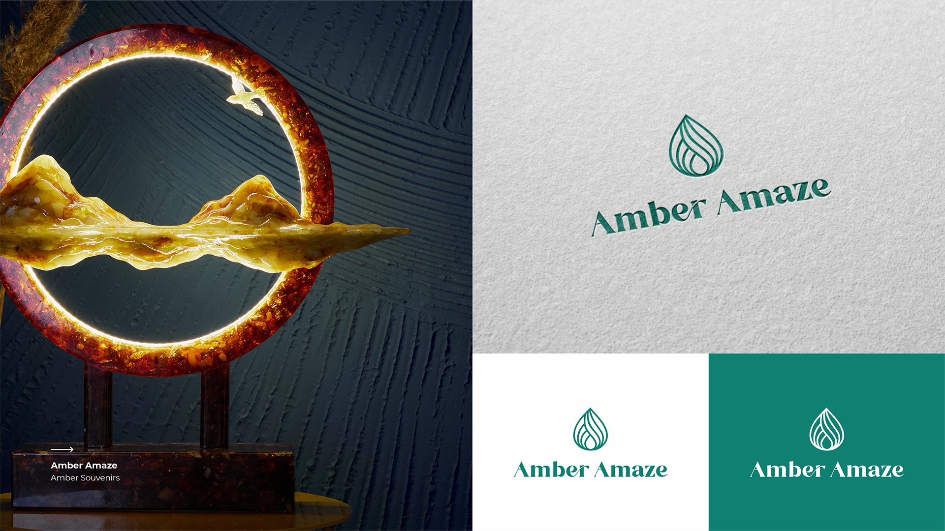 Фото Розробка логотипа для бренду бурштинових сувенірів Amber Amaze. В основі концепції — витончений графічний символ у формі краплі з плавними лініями, що асоціюються з природною красою та унікальністю бурштину. Елегантна типографіка та глибока смарагдова палітра підкреслюють преміальність і вишуканість бренду. Логотип представлений у кількох кольорових варіаціях для використання на упаковці, етикетках, сувенірній продукції та фірмових матеріалах.