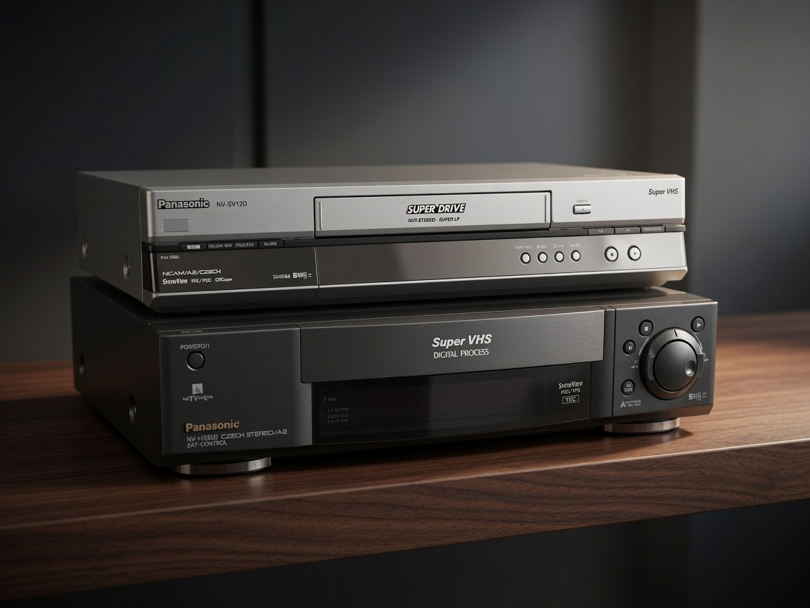 Фото Panasonic NV-HS950 — одна з найкращих моделей S-VHS відеомагнітофонів із вбудованими Digital TBC та 3D DNR для стабілізації та очищення зображення.

• Panasonic NV-SV120 — надійний S-VHS відеомагнітофон із механізмом Super Drive для якісного відтворення архівних записів.
