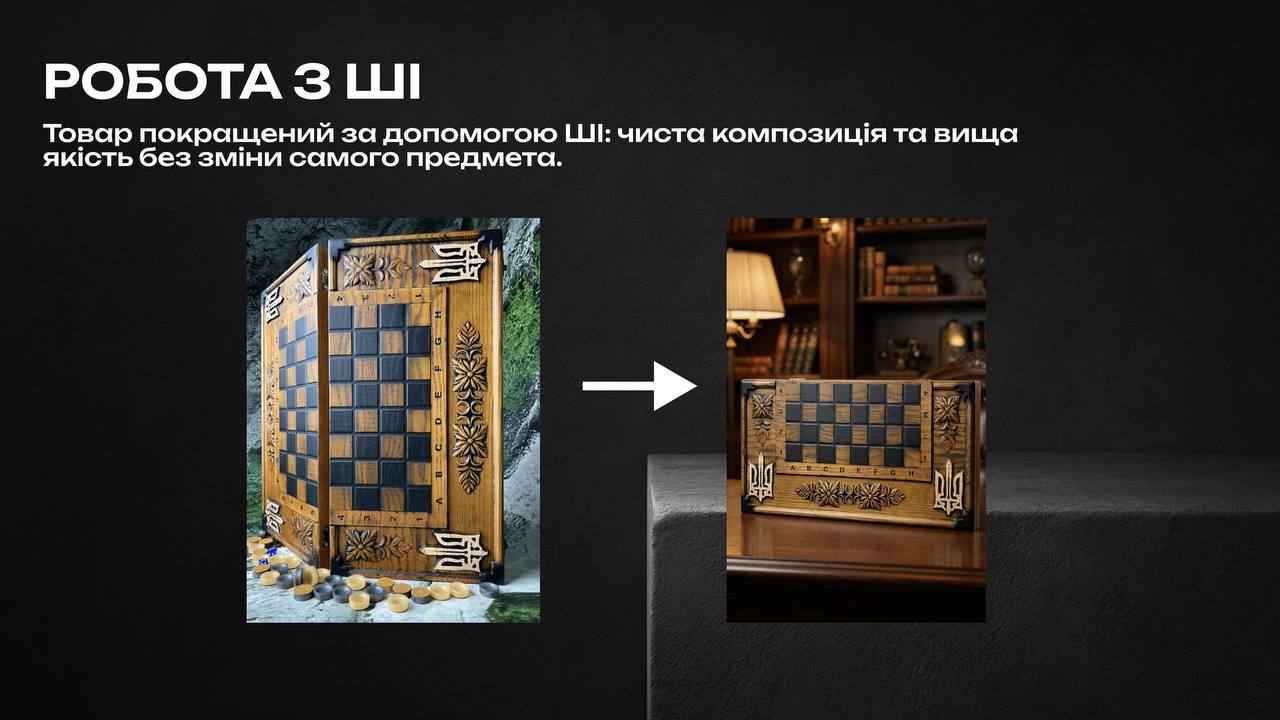 Фото  Робота з ШІ — якщо немає якісного фото товару, це не проблема. Завдяки штучному інтелекту можна створити реалістичні та привабливі зображення, адаптовані під будь-які формати та потреби реклами.
