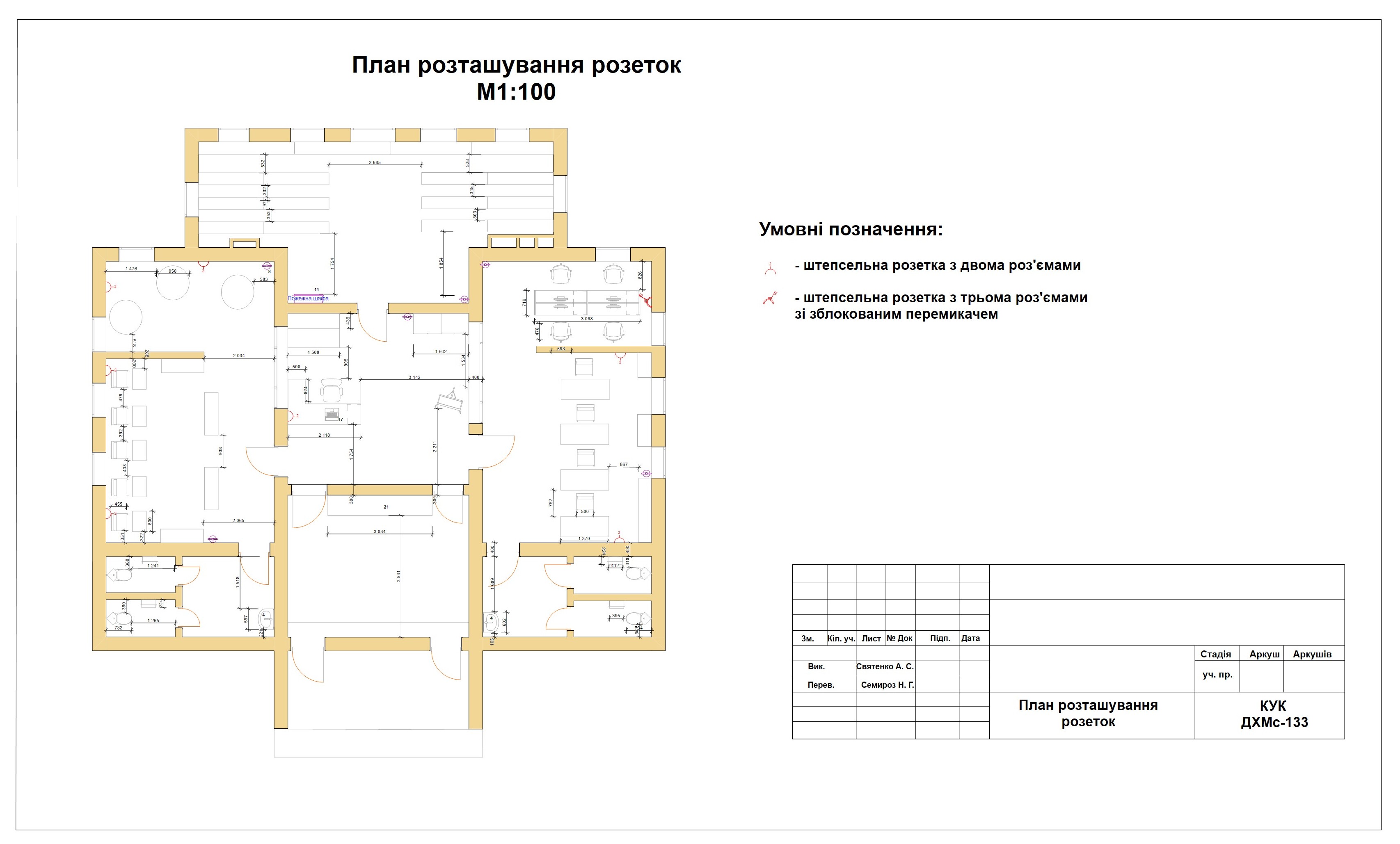 Фото Розроблено план розташування електричних розеток з урахуванням функціонального призначення приміщення та розміщення меблів.

Опрацьовано кількість, розташування та висоту встановлення розеток для забезпечення зручності користування електроприладами та функціональності простору.