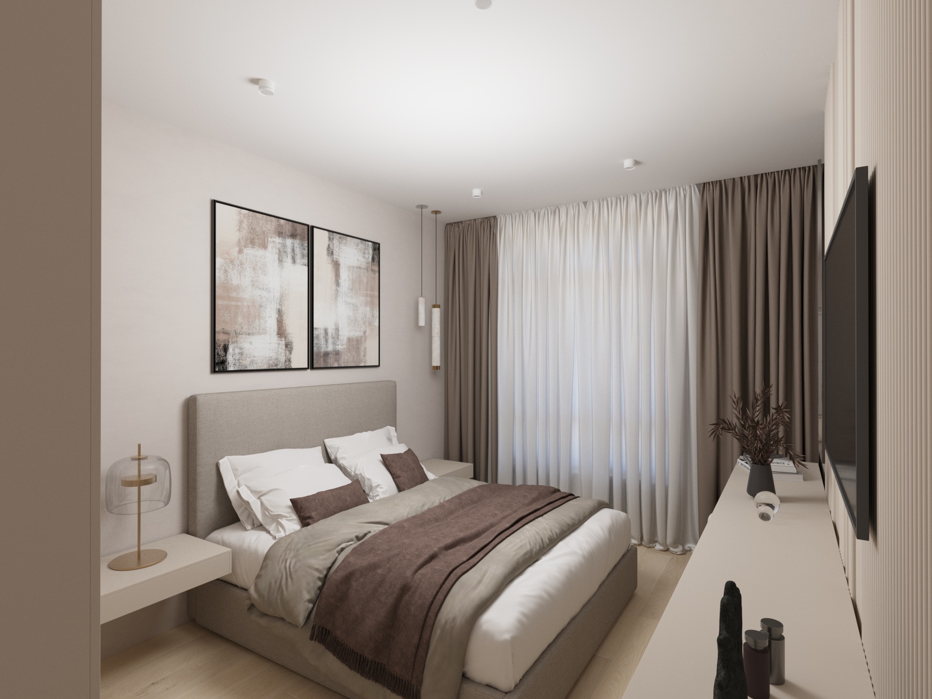 Фото Дизайн-проект двокімнатної квартири з кухнею-вітальнею та лоджією, підлаштованою під робочу зону. 