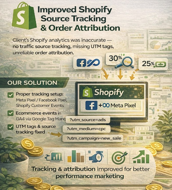 Фото Маркетингова команда поставила задачу: у Shopify-магазині клієнта була некоректна Shopify аналітика — не працювало відстеження джерел трафіку (source tracking), не передавались UTM-мітки, і в результаті атрибуція замовлень (order attribution) та конверсії (conversion tracking) відображались неправильно.

Після нашої роботи ми налаштували tracking setup та маркетингову аналітику: коректну передачу ecommerce events у Google Analytics 4 (GA4) через Google Tag Manager (GTM), а також перевірили Shopify Customer Events / Pixels, включно з Meta Pixel (Facebook Pixel).

Тепер магазин у більшості випадків фіксує джерело кожного замовлення: з якого каналу прийшов клієнт (реклама, соцмережі, пошук) і звідки саме він потрапив на сайт перед покупкою. Результат — прозора атрибуція, точні дані для performance marketing і розуміння, які канали реально приносять продажі.