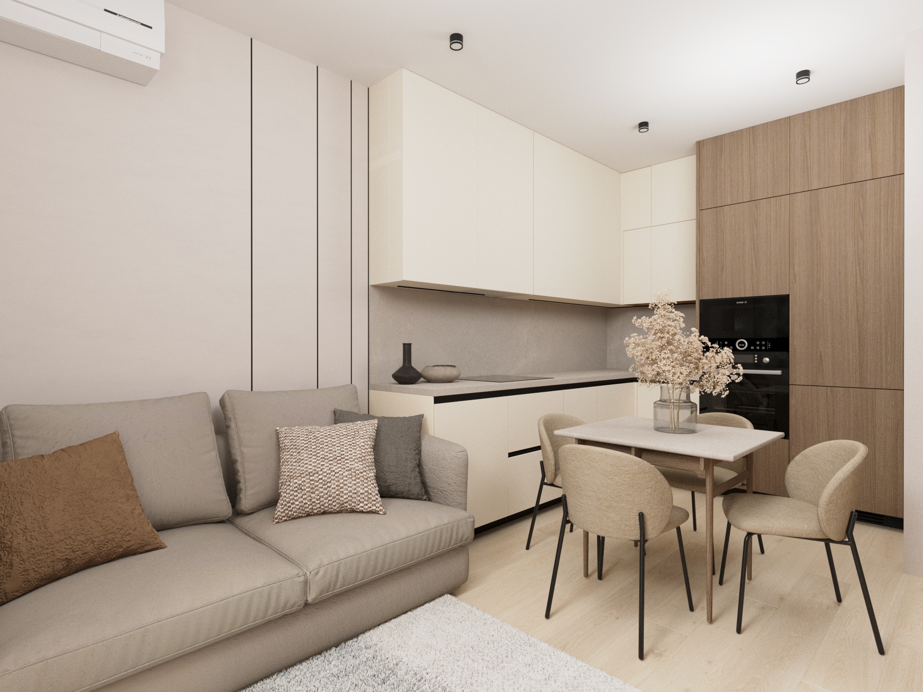 Фото Дизайн-проект двокімнатної квартири з кухнею-вітальнею та лоджією, підлаштованою під робочу зону. 