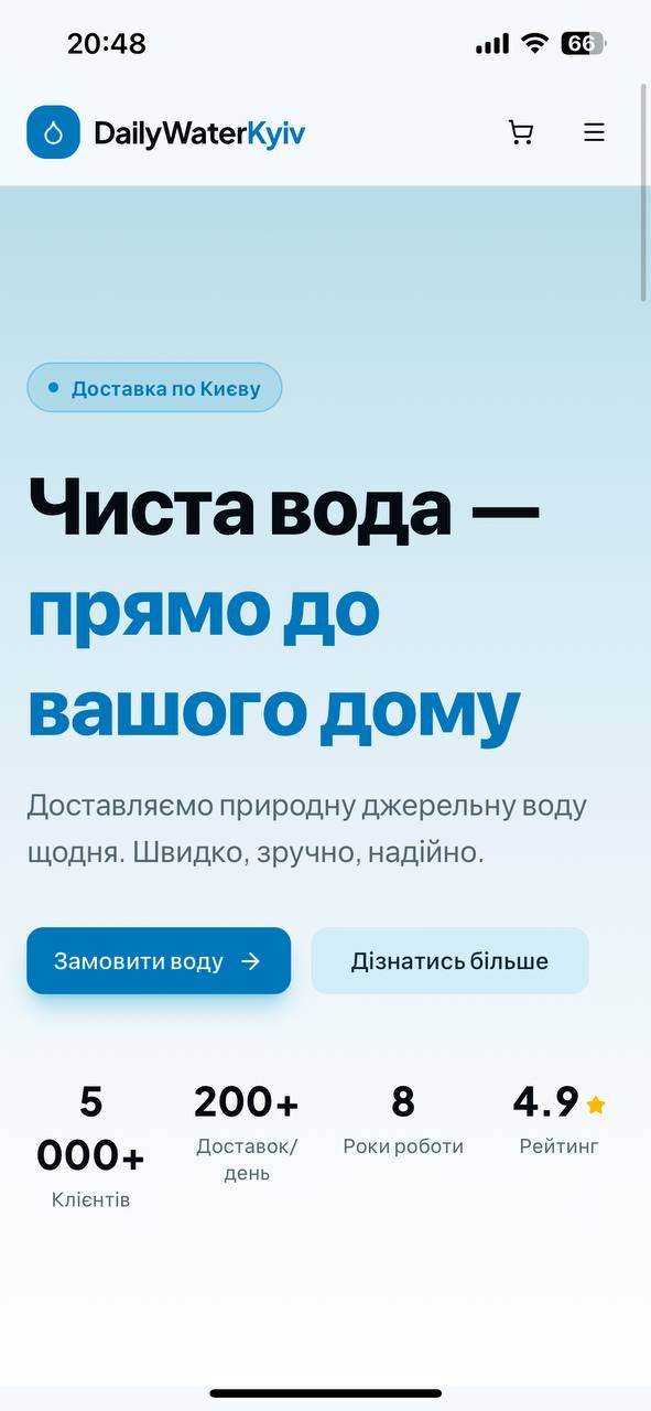 Фото Сайт для сервісу доставки води — від лендінгу до адмінки та Telegram-бота.
Фронтенд:

Лендінг з анімаціями, темна/світла тема
Каталог, кошик, оформлення замовлення з валідацією
Двомовний інтерфейс (UA/RU)
PWA — встановлюється на телефон як додаток
Бекенд:

Адмін-панель з авторизацією та управлінням замовленнями
Автосинхронізація з CRM SendPulse (створення угод, двосторонній обмін статусами кожні 2 хв)
Telegram-бот: сповіщення про замовлення, аналітика з календарем, розсилка менеджерам, управління паролями
UTM-трекінг реклами (URL → замовлення → CRM → Telegram)
Експорт замовлень у Google Sheets
Стек: React, TypeScript, Convex, TailwindCSS, Framer Motion, Telegram Bot API, SendPulse API, Google Sheets API, VercelС