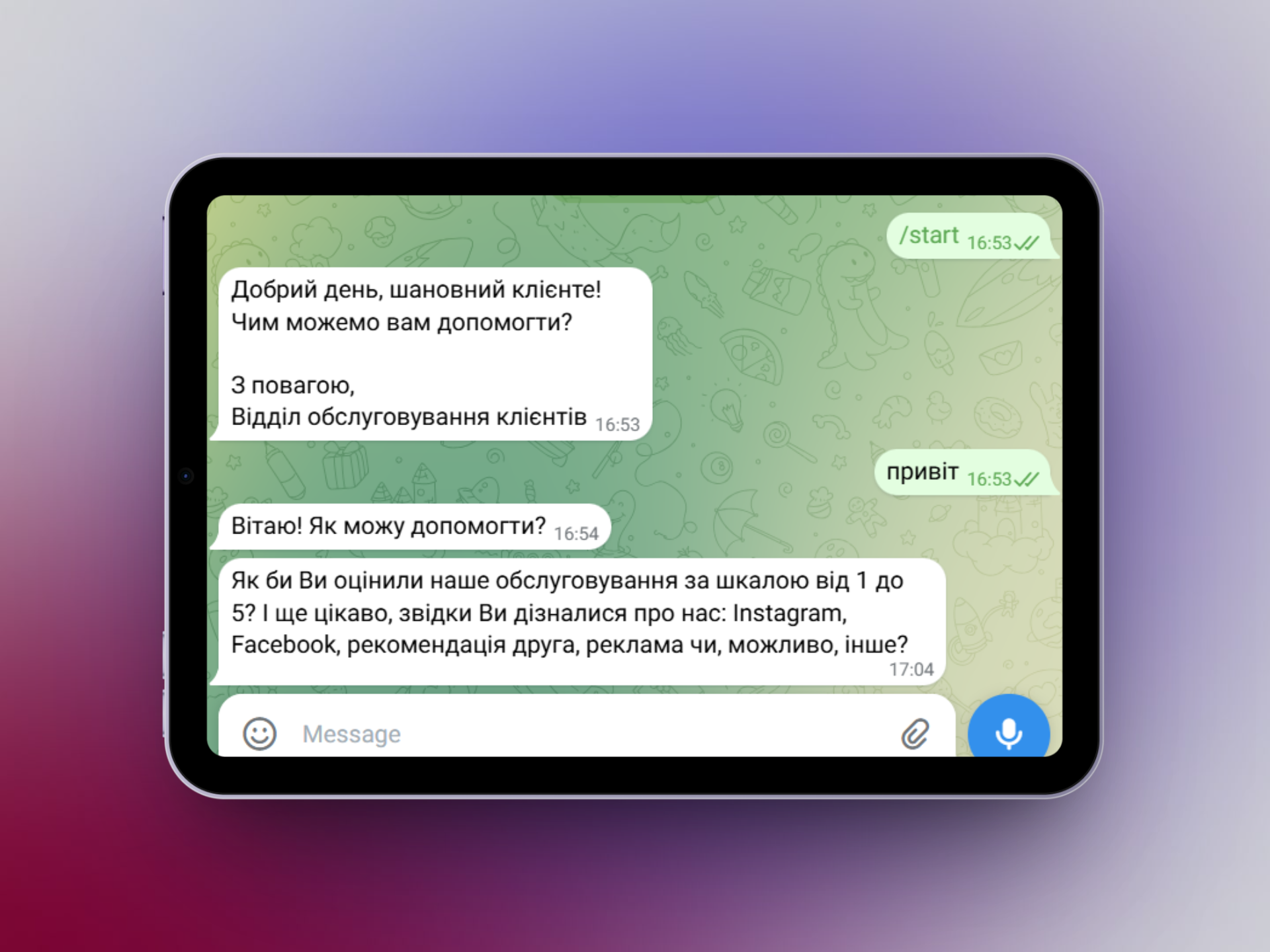 Фото  Telegram-бот для підтримки клієнтів (на базі OpenAI)

Розробила інтелектуального Telegram-бота для автоматизованого обслуговування клієнтів компанії.

Бот:

- спілкується українською мовою;

- розуміє текстові та голосові повідомлення (STT);

- аналізує чеки у форматі PDF та фото, визначає статус платежу;

- збирає зворотний зв'язок (оцінка сервісу, джерело звернення);

- підтримує інтеграцію з OpenAI для природного спілкування;

- дозволяє реальному менеджеру втрутитися та взяти спілкування на себе.

Проєкт демонструє навички роботи з API, обробки медіа, побудови логіки перемикання між ШІ та оператором, а також створення зручного користувацького досвіду в Telegram.