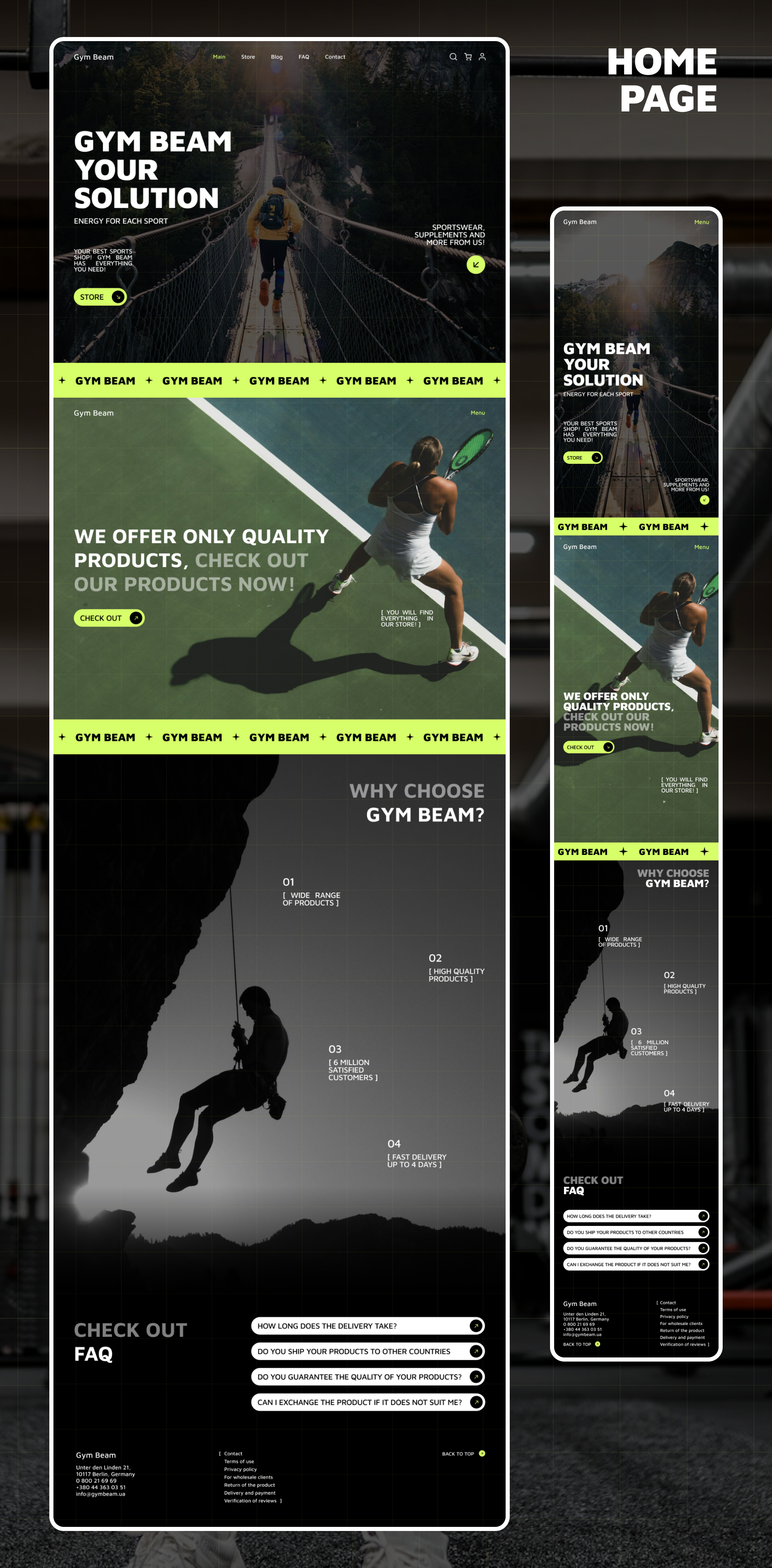 Фото Gym Beam | E-Commerce UI/UX & Frontend Concept

Про проєкт: Концепт веб-сайту спортивного харчування та екіпірування. 

Мета: створити контрастний, динамічний і зручний інтерфейс із високою конверсією.

Моя роль (UI/UX + Frontend):
Design: Інформаційна архітектура, адаптивна сітка, UI-кіт, колірна палітра, адаптиви (Desktop & Mobile).
Frontend: Семантична верстка, інтерактивні елементи (FAQ-аккордеон, ховери), адаптив під усі екрани.

Ключові рішення:
Візуал: Енергійний контраст темно-сірого фону та кислотно-зелених (Volt) акцентів для фокусу на CTA (Store, Check Out).

Responsive: Повна адаптивність мобільної версії зі збереженням зручних тач-зон і читабельності.

Стек: Figma, HTML5, CSS3/SCSS (Flexbox, Grid), JS (ES6+).