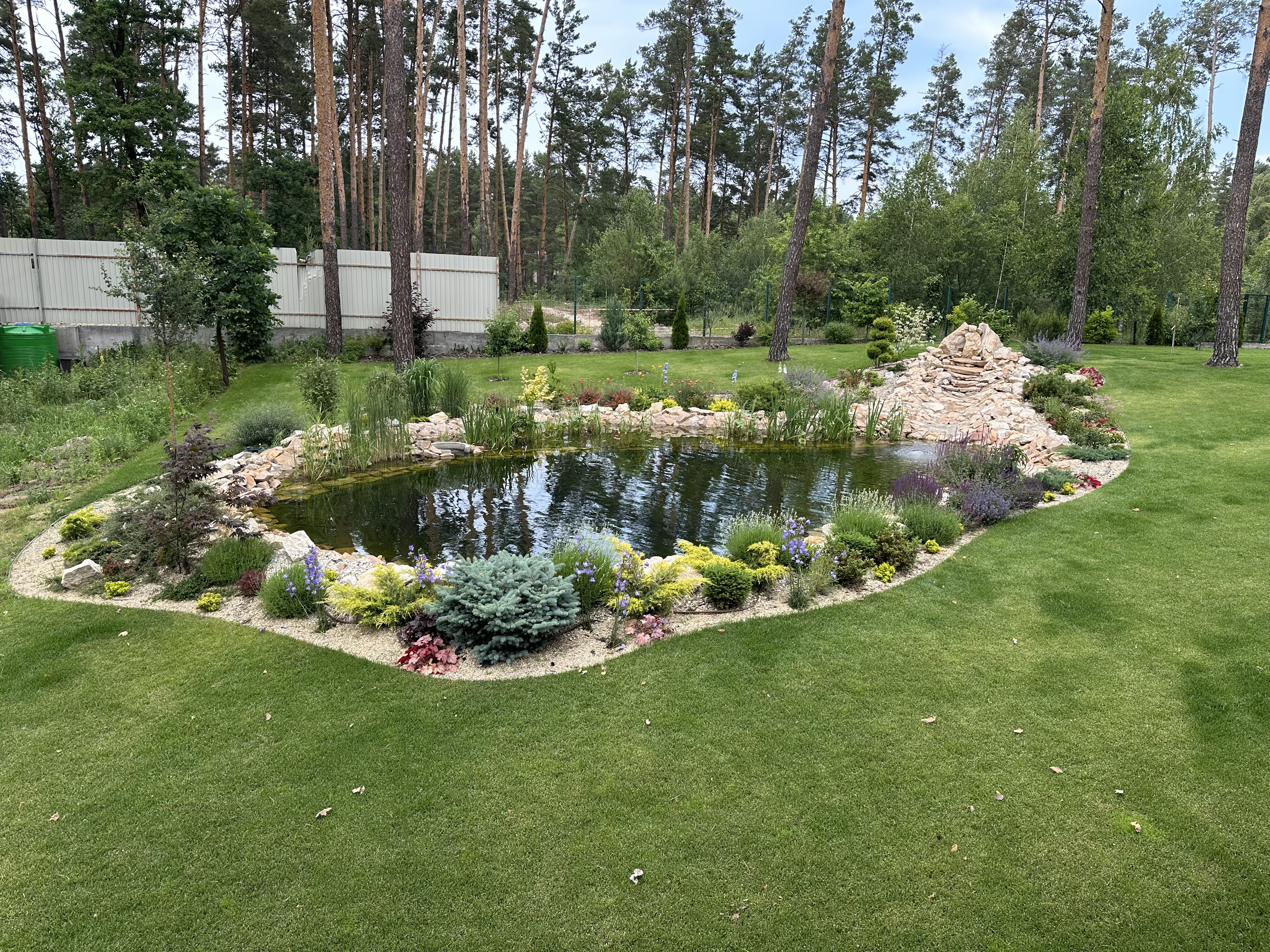 Фото Створення  проекту. Підбір матеріалів  (каміння, рослини, обладнання). Створення біоозера і  водоспаду, Посадка рослин, укладка рулонного газона.