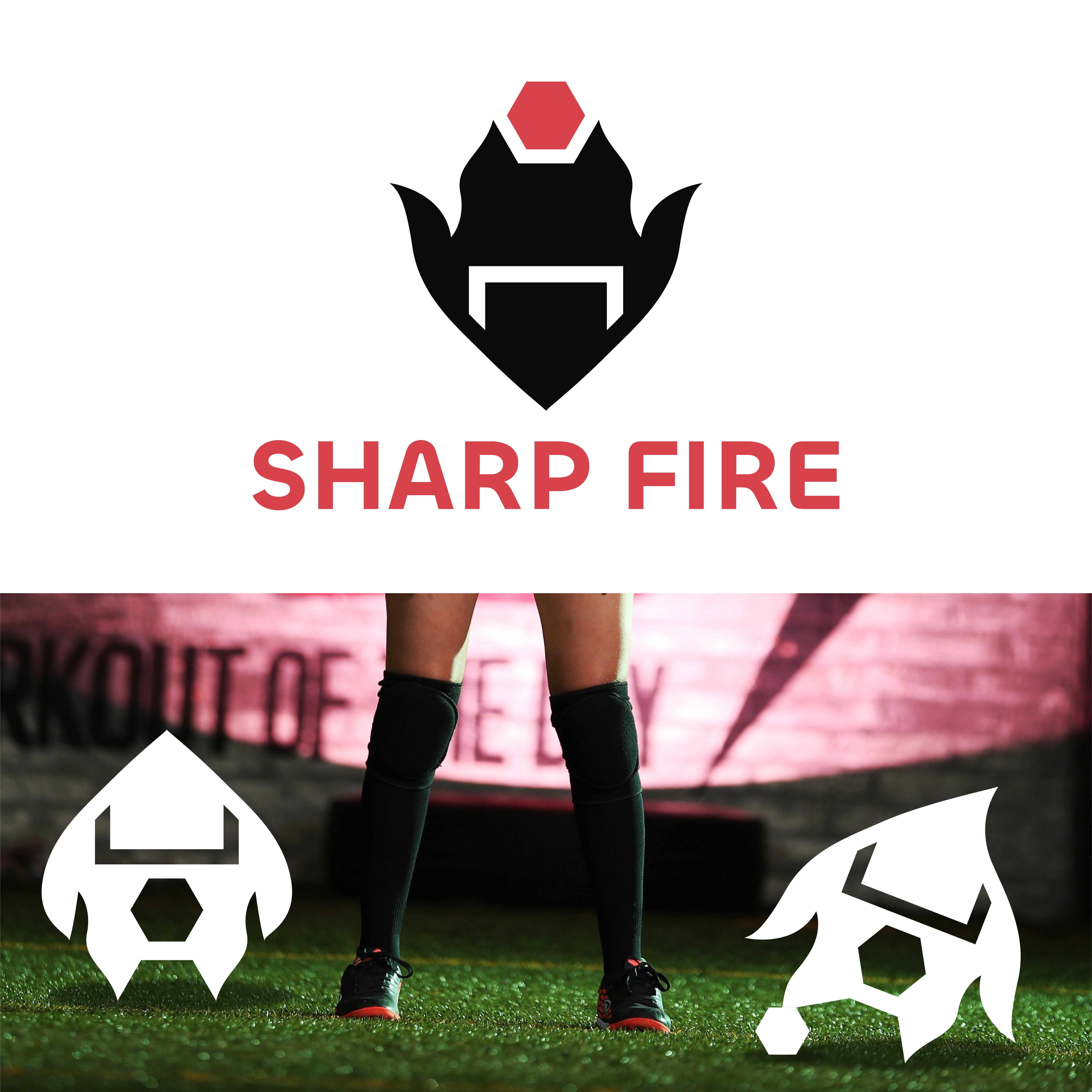 Фото Логотип для жіночою футбольної команди "Sharp fire", в основу взятий вогник, ворота, м'яч та квітка.