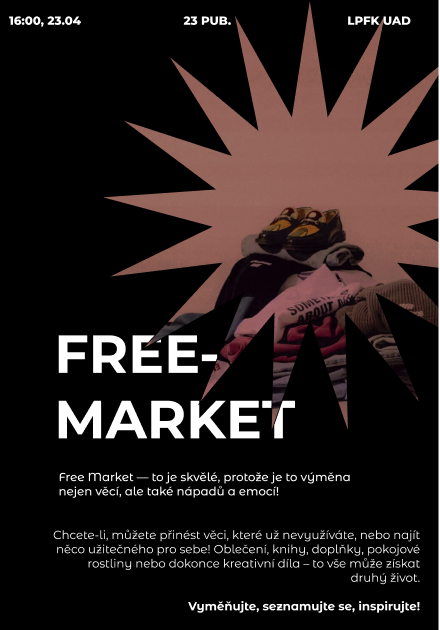 Фото Free Market — це подія, де люди обмінюються речами без грошей, зменшуючи кількість відходів і підтримуючи екологію. Це можливість дати речам друге життя, заощадити природні ресурси та сприяти захисту довкілля. Проблема: необхідно залучити якомога більше студентів, які цікавляться екологією, до участі в акції «фрі маркет», а також зацікавити тих, хто чує про неї вперше. Вирішення: сміливий дизайн, що привертає увагу, та чітко структурована інформація. 