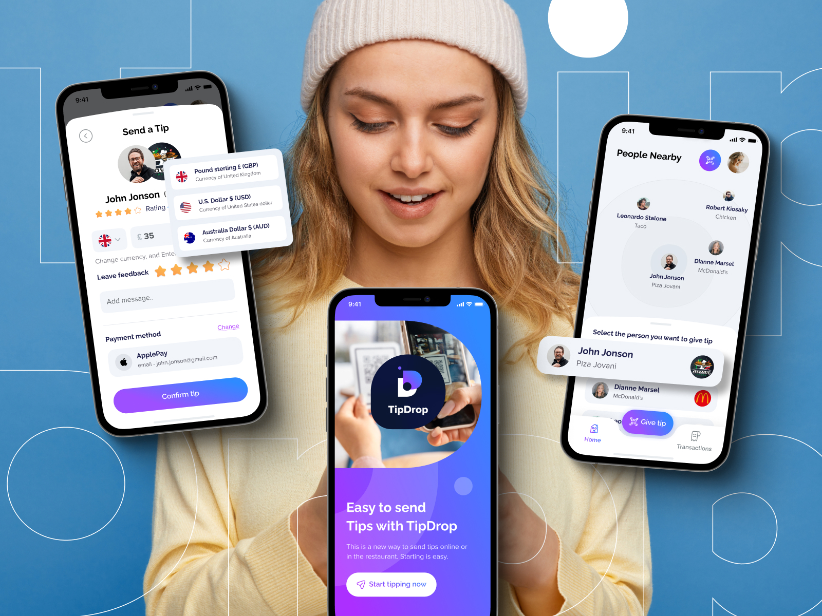 Фото Sending tips app.

Дизайн ui/ux для мобільного додатка, для надсилання чайових онлайн або в ресторані.
Загальні цілі полягали у тому, щоб створити додаток простий у використанні та з гарним функціональним дизайном.

Основні функції:
На головній сторінці ви можете надсилати чайові людям, які знаходяться поблизу. На цій сторінці ви можете вибрати людину зі списку або на карті поблизу. Або ви можете відсканувати QR-код, щоб знайти людину, якій можна відправити чайові.
Вибравши особу, ви можете вибрати суму та валюту, поставити рейтинг зірочками та текстовий коментар, а також надіслати чайові.
Також ви можете переглянути профіль одержувача.
Далі ви можете додати банківську картку, PayPal, GooglePay та ApplePay.
І також, користувачі можуть переглянути детальний список і календар транзакцій.