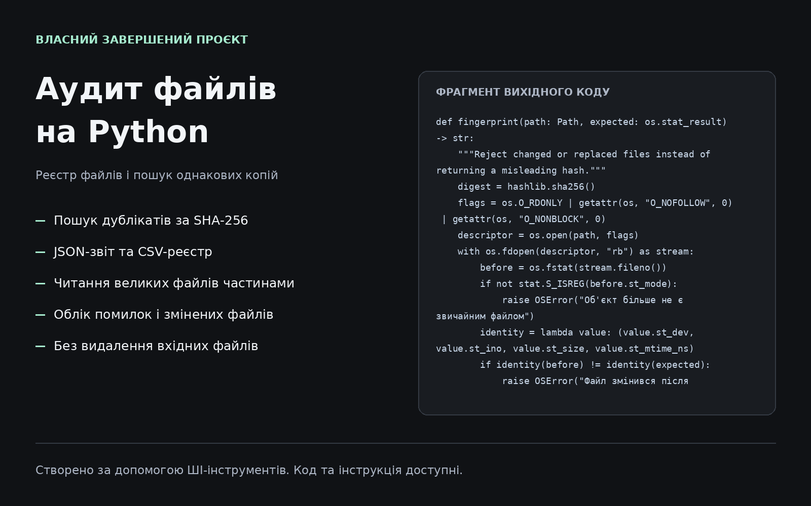 Фото Аудит файлів на Python — власна завершена утиліта: реєстр файлів, пошук дублікатів за SHA-256, JSON-звіт і CSV. Не змінює вхідні файли. Створено за допомогою ШІ-інструментів; це власна робота, не клієнтський кейс. Картка містить фрагмент реального коду.